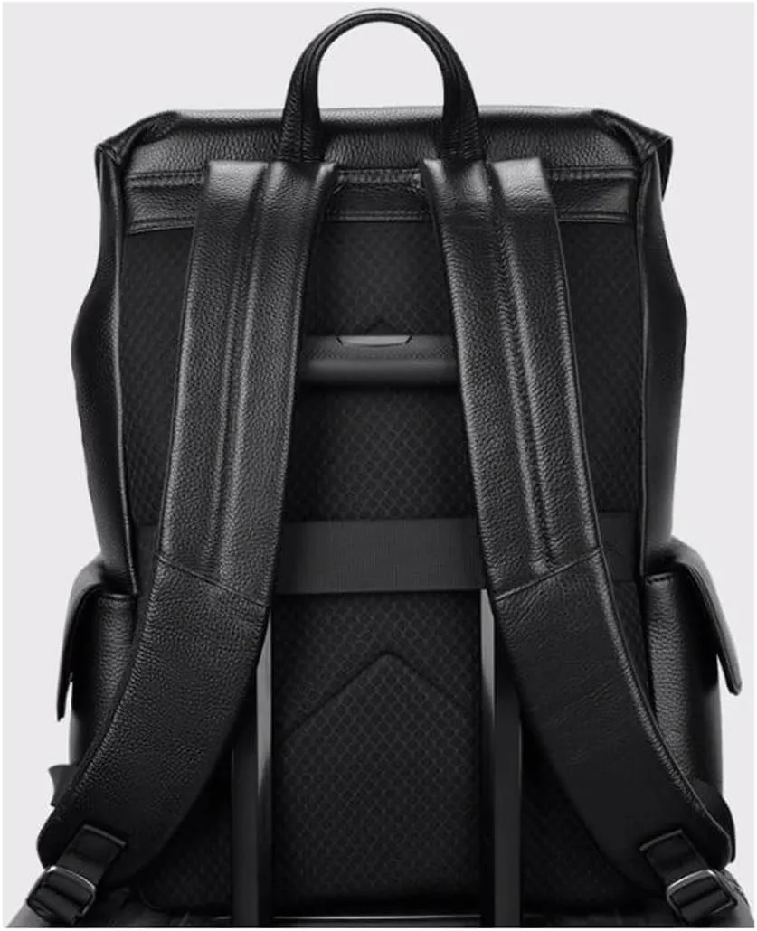 17.7Inch Genuine Leather Backpacks Mens Laptop Bags Computers Bags Casual Daypack Briefcases Travel Bags(Black)