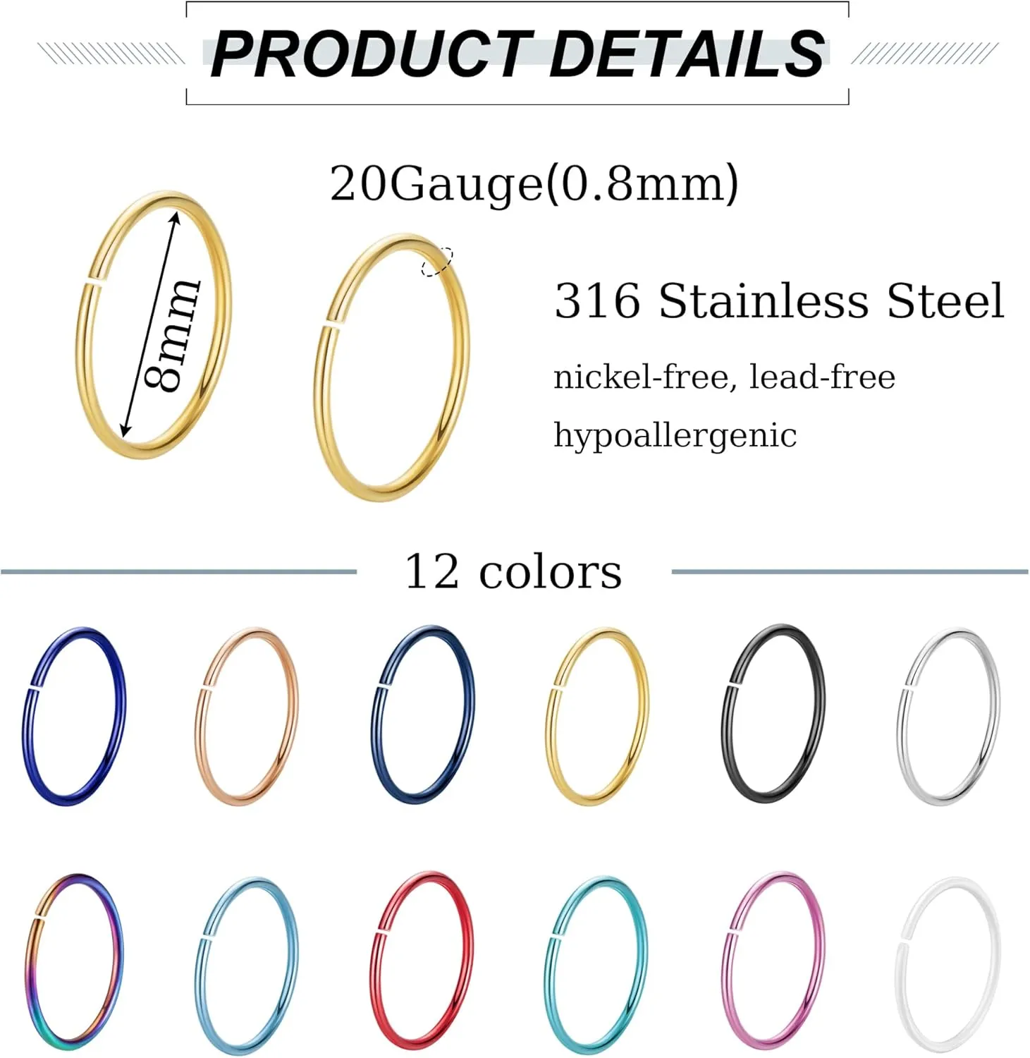 18G 20G 22G Stainless Steel Nose Rings Hoops for Women Men Cartilage Helix Earring Hoops Lip Rings Nose Piercing Jewelry