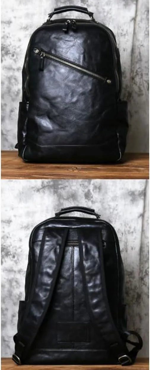 18Inch Genuine Leather Backpacks Mens Laptop Bags Computers Bags Casual Daypack Briefcases Travel Bags(Black)
