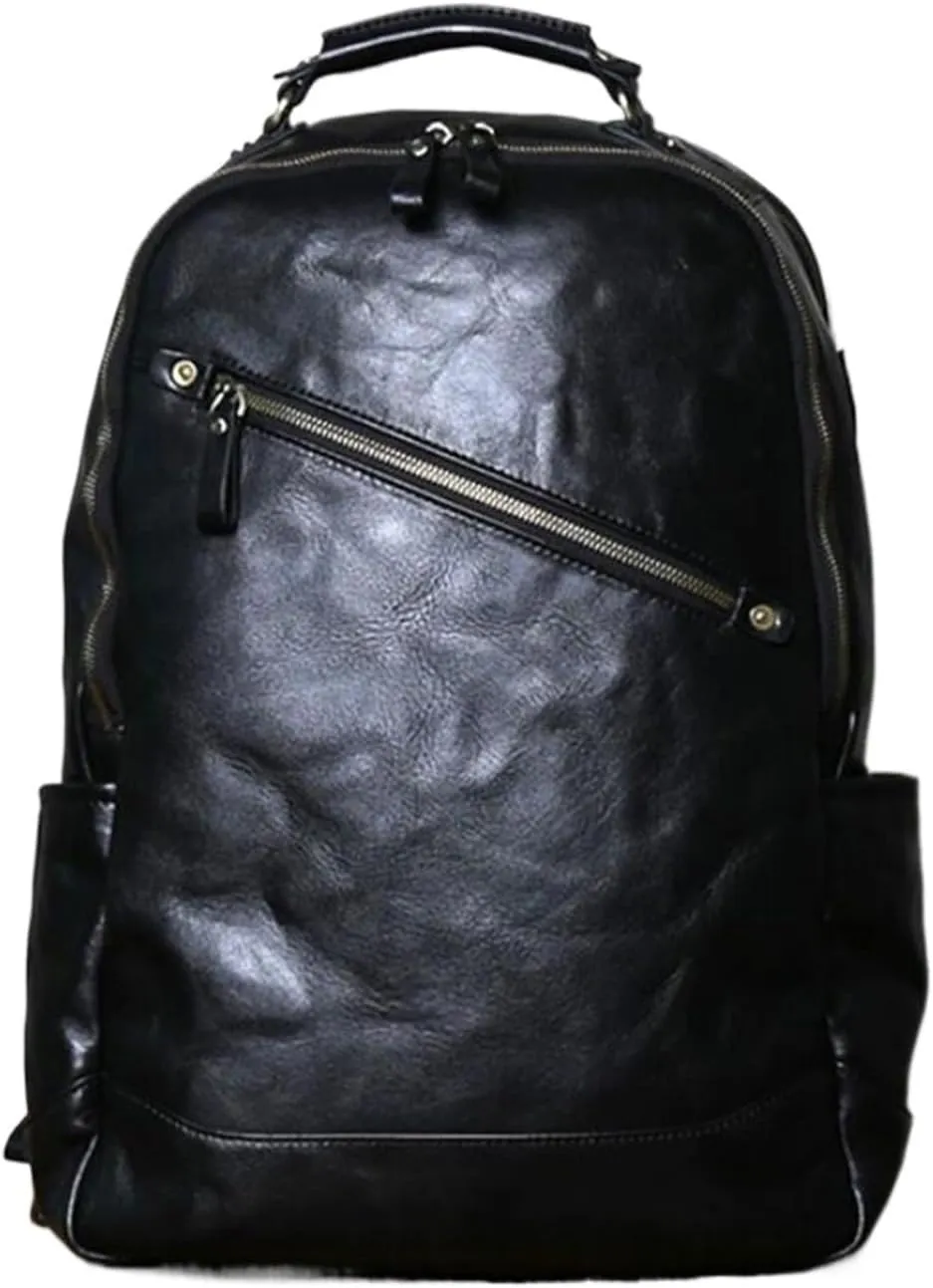18Inch Genuine Leather Backpacks Mens Laptop Bags Computers Bags Casual Daypack Briefcases Travel Bags(Black)