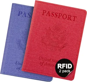 2 Pack Passport Holder For Women Kids, RFID Blocking Passport Wallet Red&Light purple