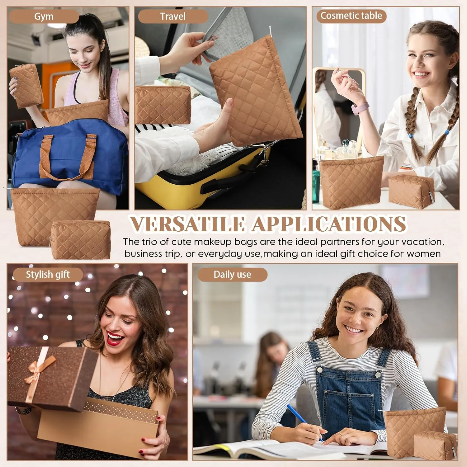 2 Pcs Quilted Makeup Bag Aesthetic Cosmetic Pouch for Women Puffer Travel Toiletry Bag Set Cotton Small Purse Pouch Pencil Case Makeup Organizer with Zipper(Brown)