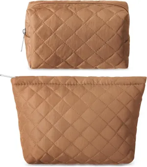 2 Pcs Quilted Makeup Bag Aesthetic Cosmetic Pouch for Women Puffer Travel Toiletry Bag Set Cotton Small Purse Pouch Pencil Case Makeup Organizer with Zipper(Brown)