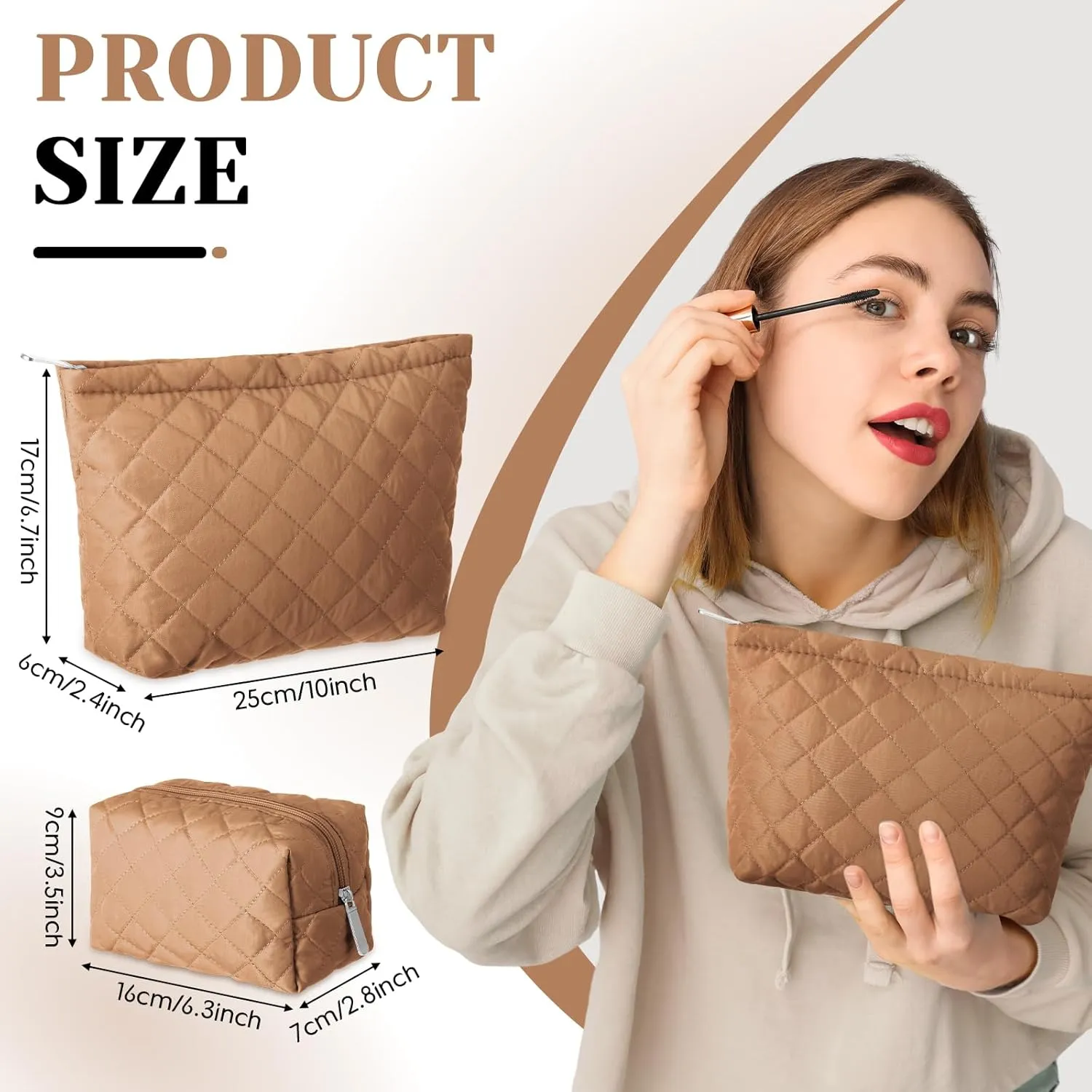 2 Pcs Quilted Makeup Bag Aesthetic Cosmetic Pouch for Women Puffer Travel Toiletry Bag Set Cotton Small Purse Pouch Pencil Case Makeup Organizer with Zipper(Brown)