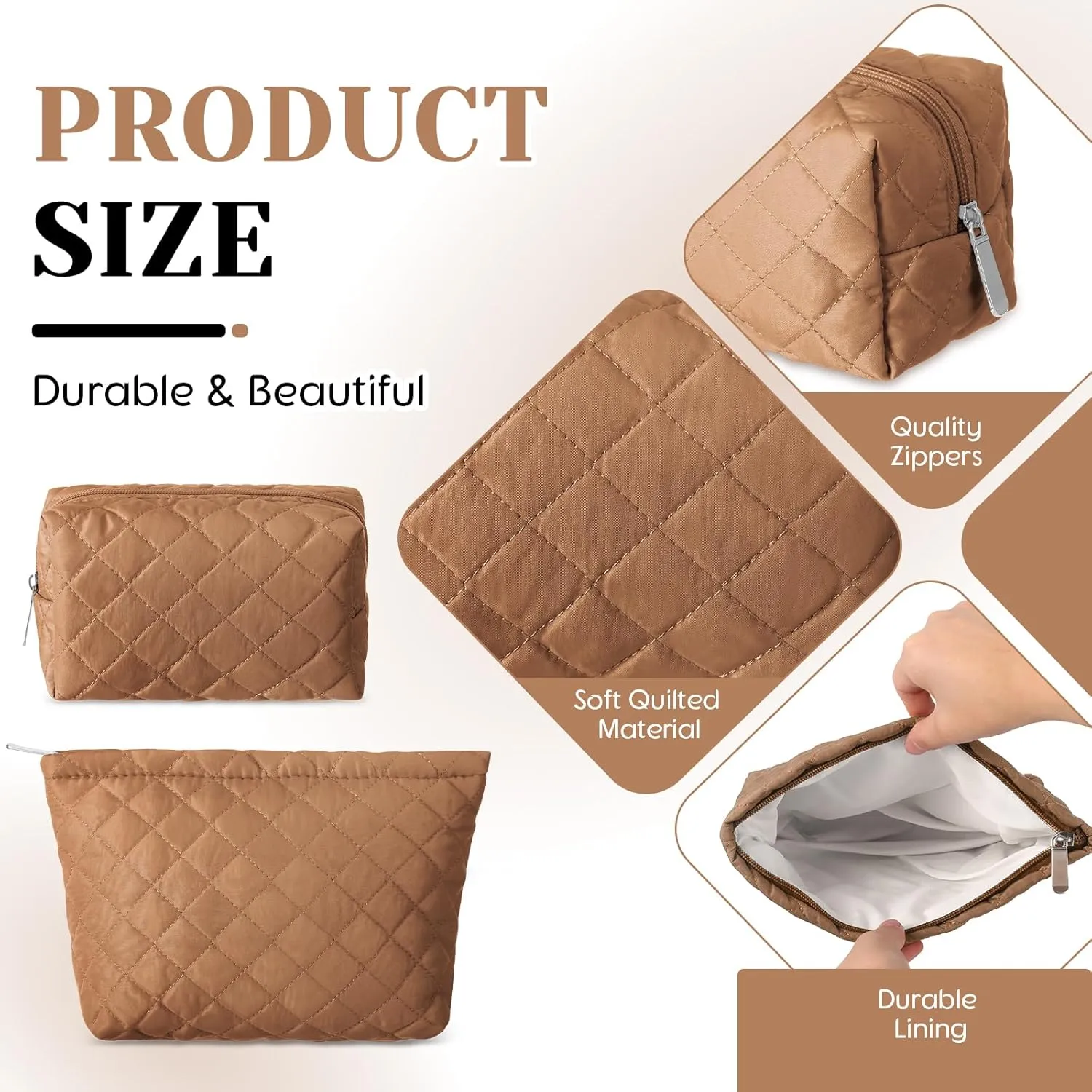 2 Pcs Quilted Makeup Bag Aesthetic Cosmetic Pouch for Women Puffer Travel Toiletry Bag Set Cotton Small Purse Pouch Pencil Case Makeup Organizer with Zipper(Brown)