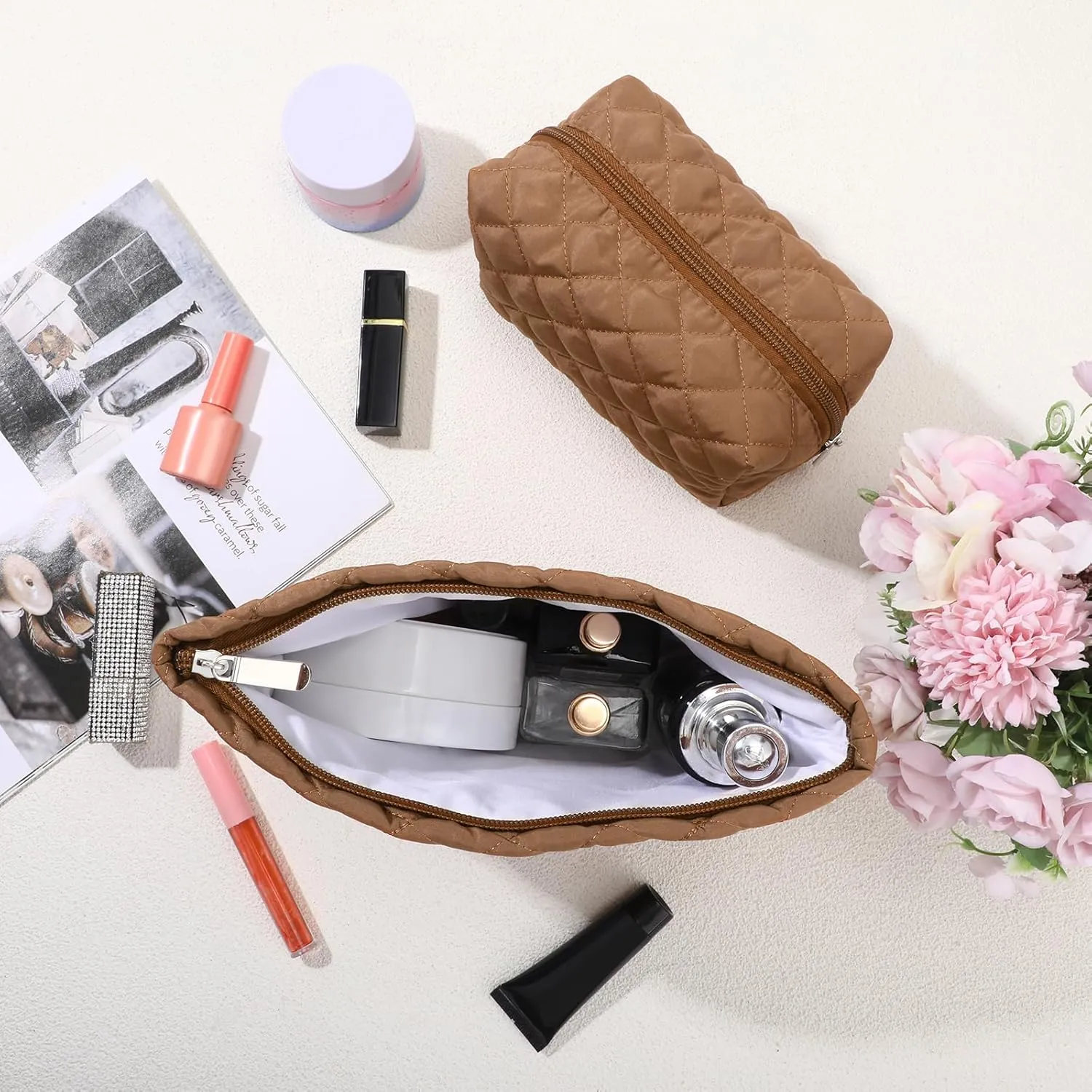 2 Pcs Quilted Makeup Bag Aesthetic Cosmetic Pouch for Women Puffer Travel Toiletry Bag Set Cotton Small Purse Pouch Pencil Case Makeup Organizer with Zipper(Brown)