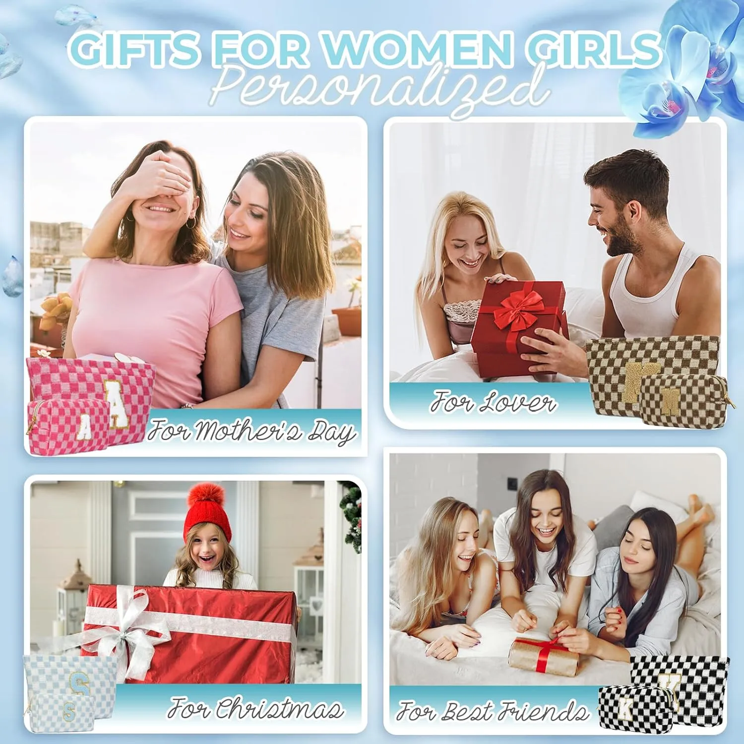 2 Pieces Checkered Makeup Bag Personalized Initial Makeup Bag Large Capacity Travel Make Up Bag with Cute Pouch Graduation Gifts Birthday Wedding Gifts for Women (Blue-A)