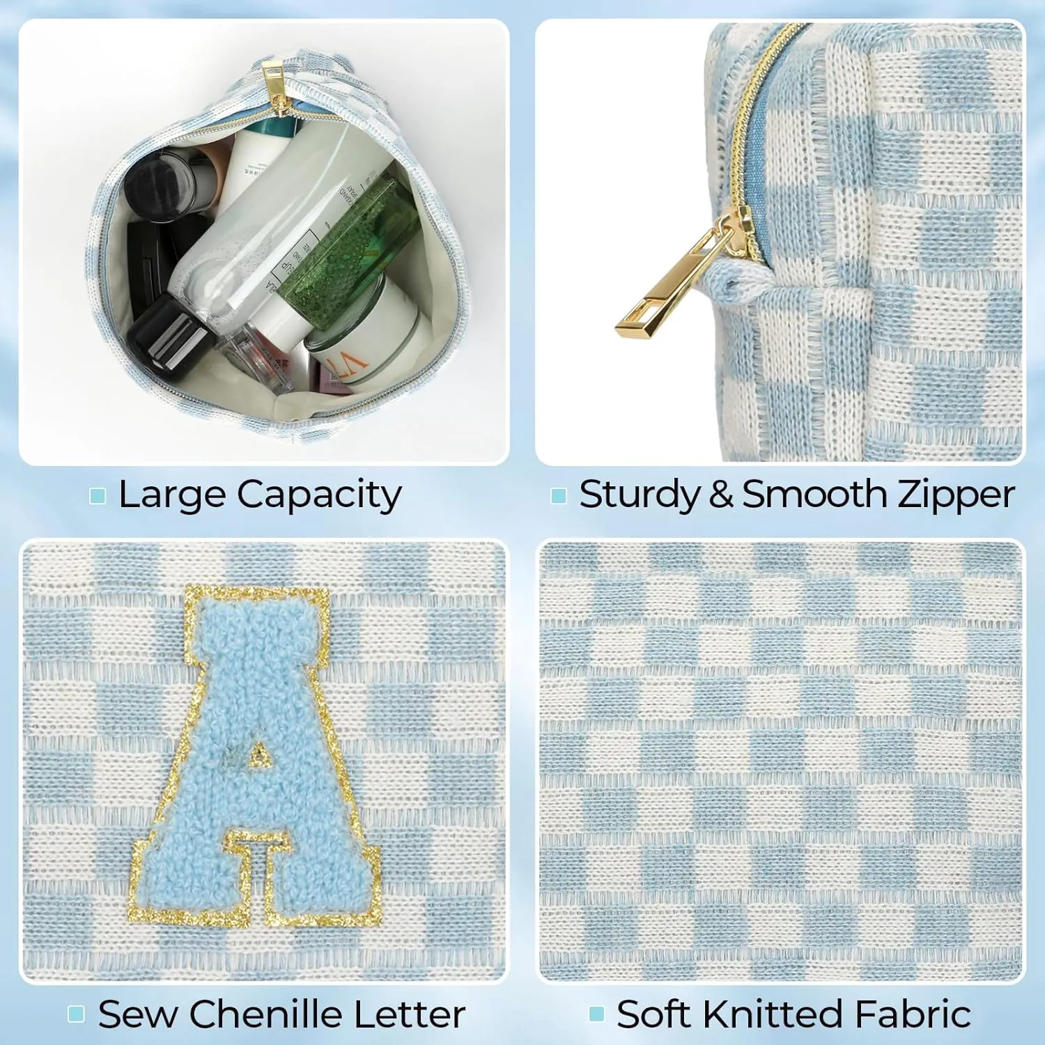 2 Pieces Checkered Makeup Bag Personalized Initial Makeup Bag Large Capacity Travel Make Up Bag with Cute Pouch Graduation Gifts Birthday Wedding Gifts for Women (Blue-A)