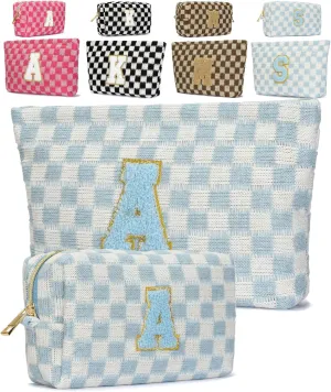 2 Pieces Checkered Makeup Bag Personalized Initial Makeup Bag Large Capacity Travel Make Up Bag with Cute Pouch Graduation Gifts Birthday Wedding Gifts for Women (Blue-A)