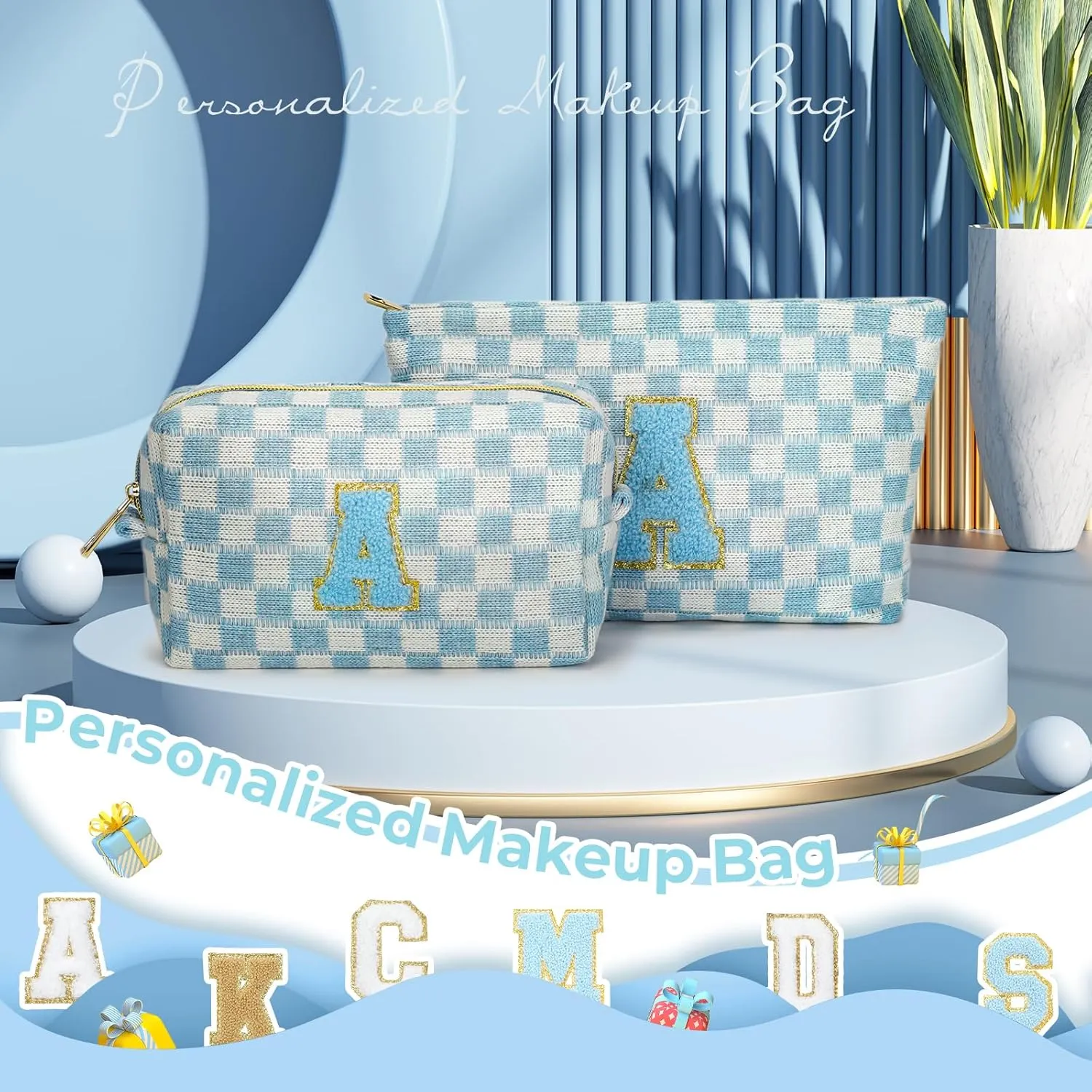 2 Pieces Checkered Makeup Bag Personalized Initial Makeup Bag Large Capacity Travel Make Up Bag with Cute Pouch Graduation Gifts Birthday Wedding Gifts for Women (Blue-A)