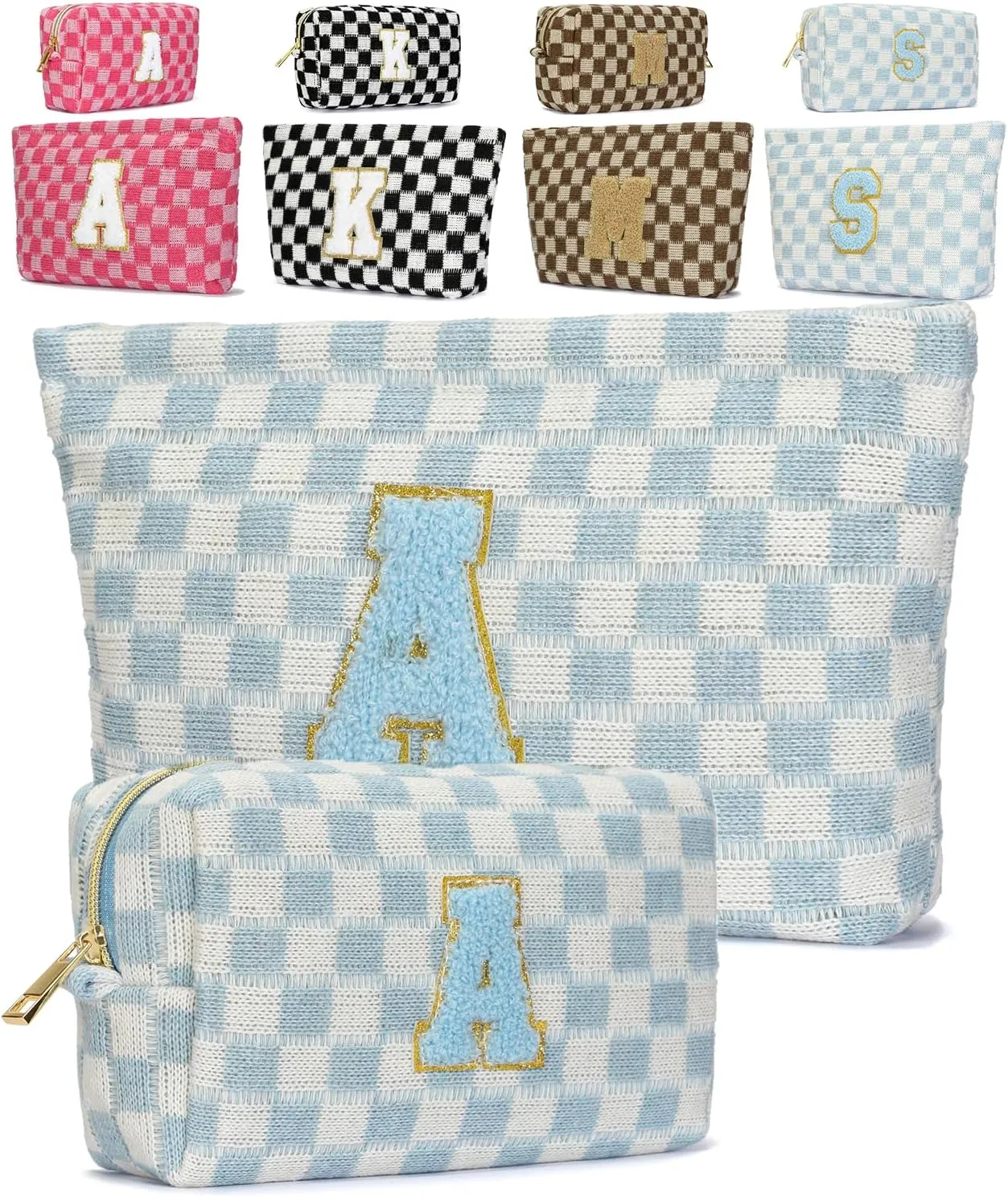 2 Pieces Checkered Makeup Bag Personalized Initial Makeup Bag Large Capacity Travel Make Up Bag with Cute Pouch Graduation Gifts Birthday Wedding Gifts for Women (Blue-A)