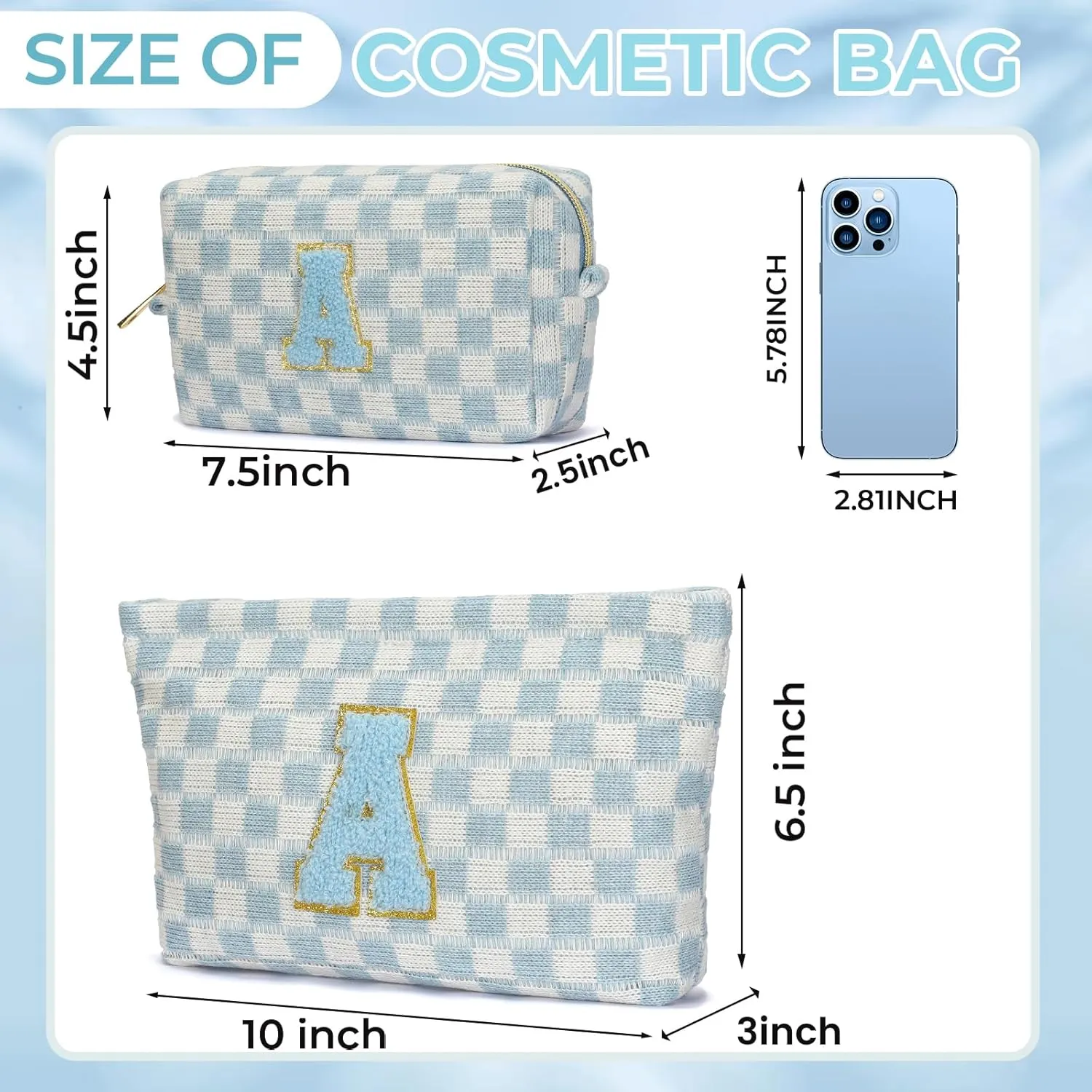 2 Pieces Checkered Makeup Bag Personalized Initial Makeup Bag Large Capacity Travel Make Up Bag with Cute Pouch Graduation Gifts Birthday Wedding Gifts for Women (Blue-A)