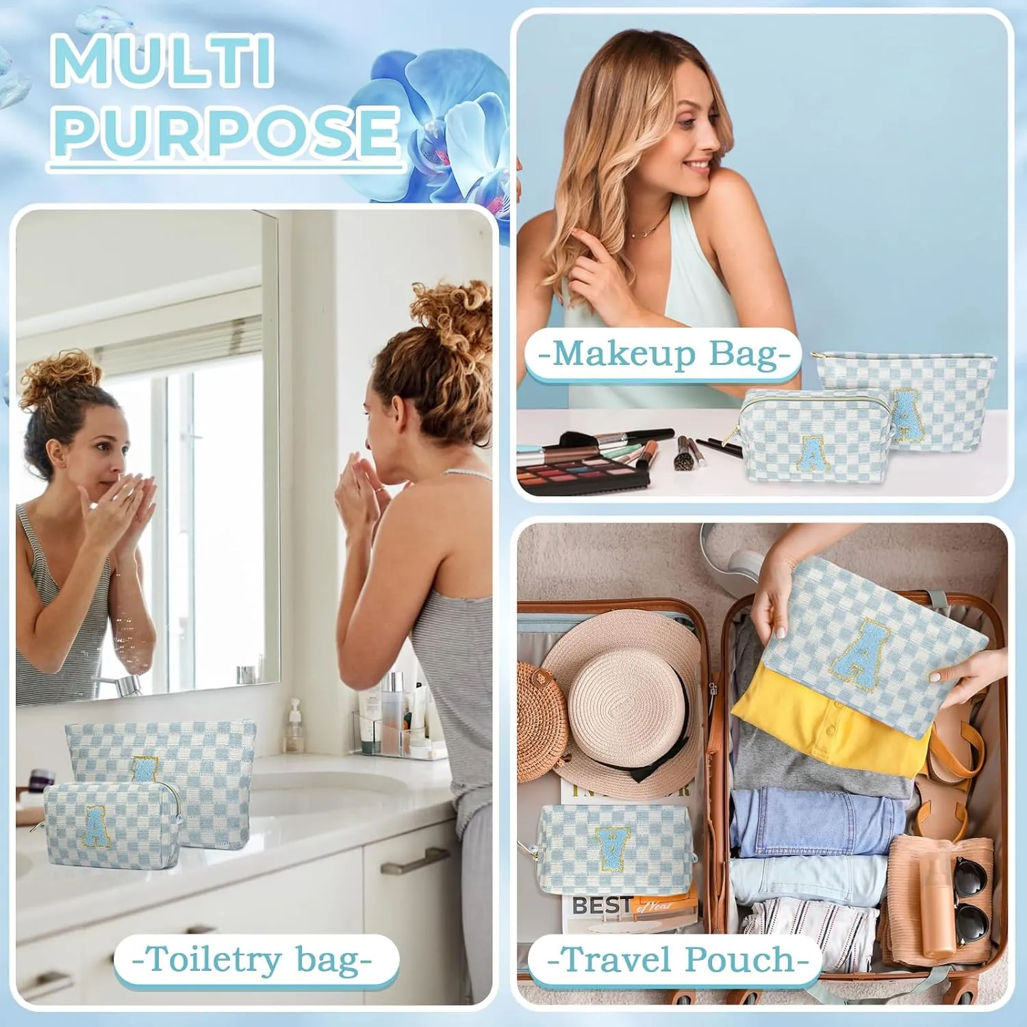 2 Pieces Checkered Makeup Bag Personalized Initial Makeup Bag Large Capacity Travel Make Up Bag with Cute Pouch Graduation Gifts Birthday Wedding Gifts for Women (Blue-A)