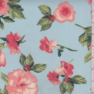 2 YD PC-Pale Blue/Salmon Floral Double Brushed Jersey Knit Fabric