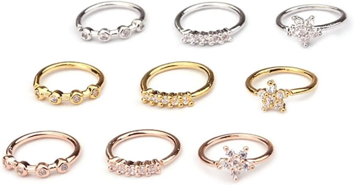 2PC Gold Color Piercing Body Jewelry Nose Hoop Nostril Ring Tiny Crystal Zircon Flower Star Helix Cartilage Tragus Earring (Main Stone Color : Silver, Metal Color : 4 Stones)