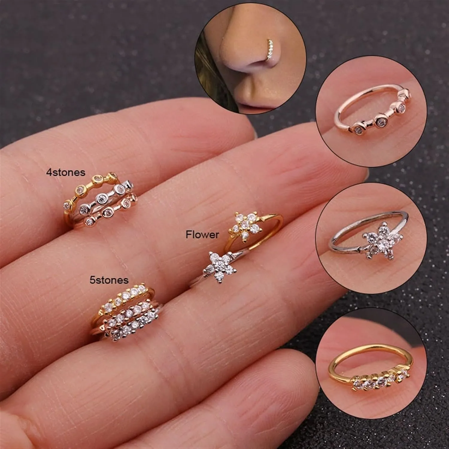 2PC Gold Color Piercing Body Jewelry Nose Hoop Nostril Ring Tiny Crystal Zircon Flower Star Helix Cartilage Tragus Earring (Main Stone Color : Silver, Metal Color : 4 Stones)