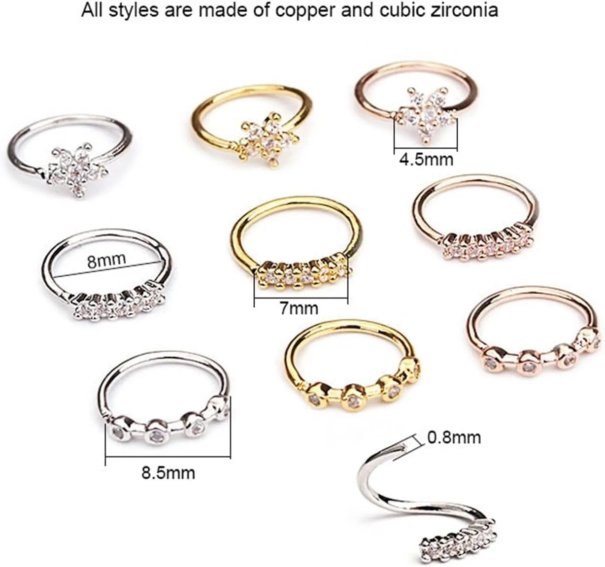 2PC Gold Color Piercing Body Jewelry Nose Hoop Nostril Ring Tiny Crystal Zircon Flower Star Helix Cartilage Tragus Earring (Main Stone Color : Silver, Metal Color : 4 Stones)