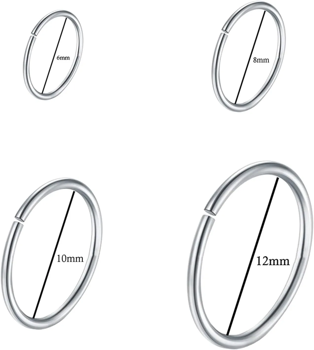 2PCS Sexy Body Jewelry Stainless Steel Seamless Segment Rings Nose Hoops Ear Piercing Tragus Nose Rings Ear Cartiliage Tragus (Main Stone Color : 10mm, Metal Color : Silver)