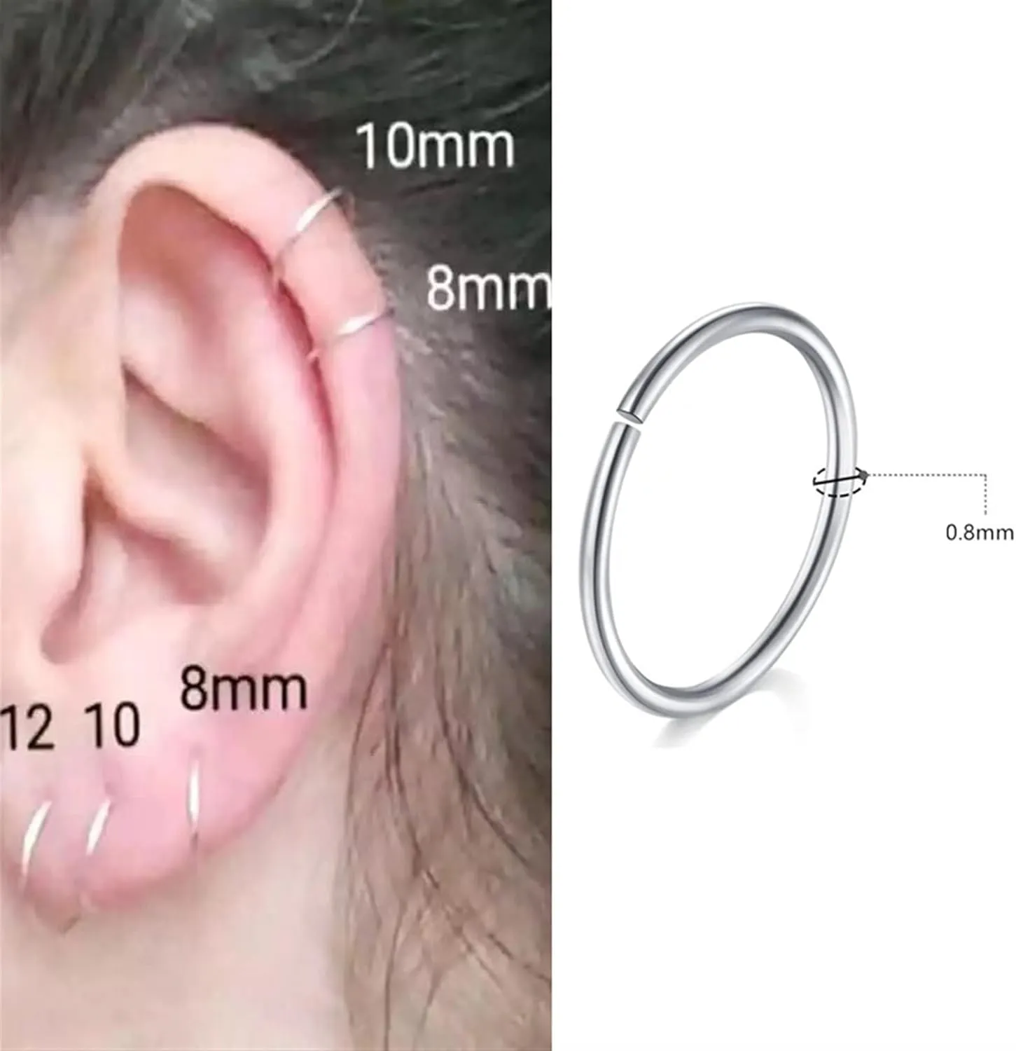 2PCS Sexy Body Jewelry Stainless Steel Seamless Segment Rings Nose Hoops Ear Piercing Tragus Nose Rings Ear Cartiliage Tragus (Main Stone Color : 10mm, Metal Color : Silver)
