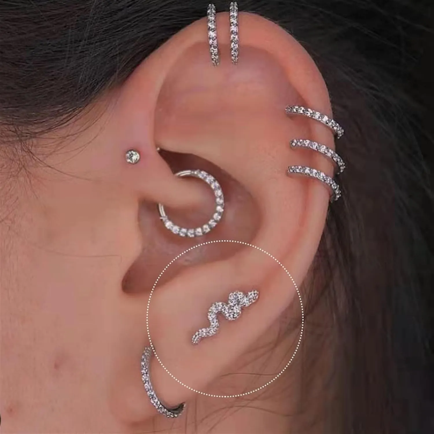 2Pcs Trendy Multiple Styles Snake Round Ball Crystal Moon Tragus Ear Piercing Stainless Steel Earrings Helix Cartilage Studs (Metal Color : 6 Silver arc)