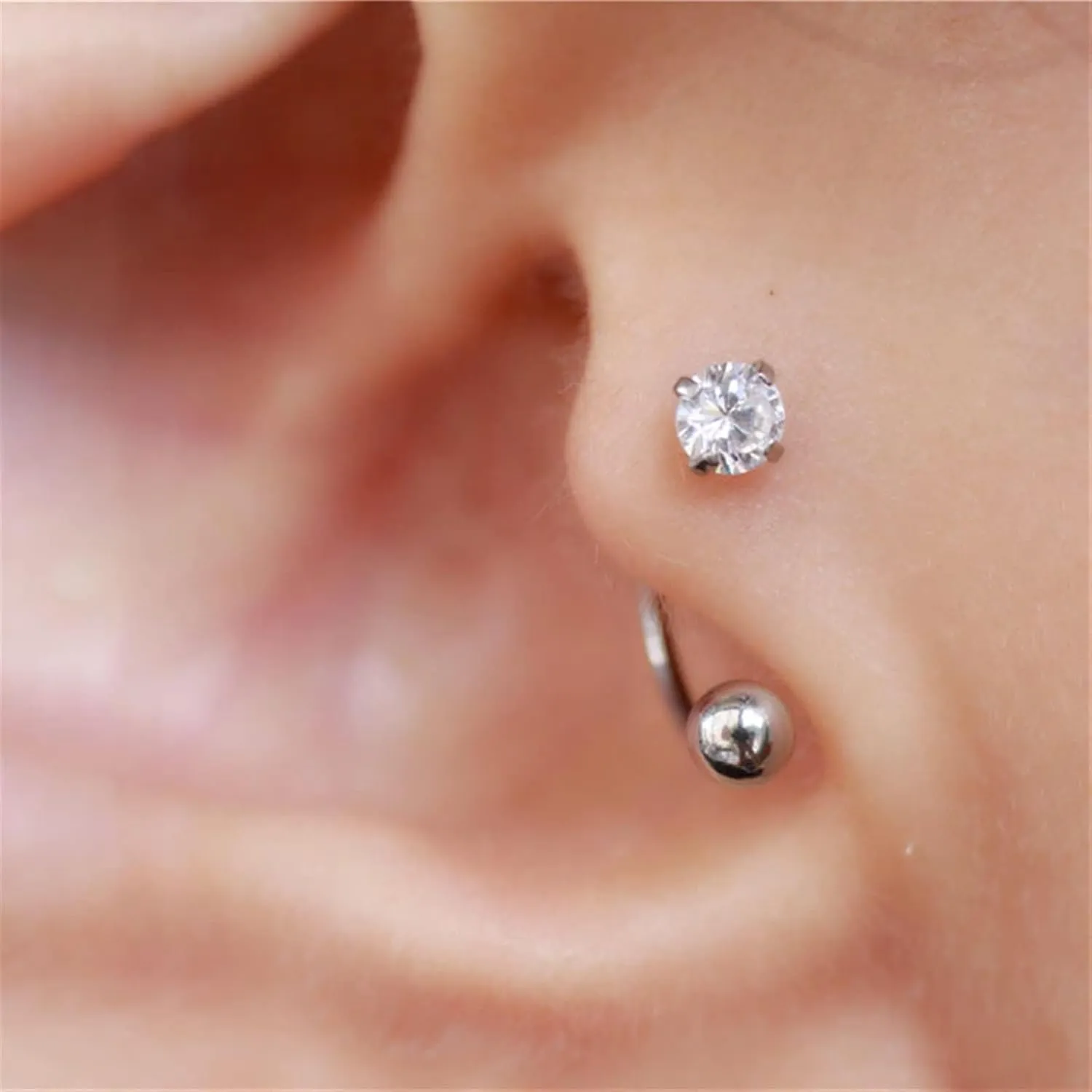 2Pcs Trendy Multiple Styles Snake Round Ball Crystal Moon Tragus Ear Piercing Stainless Steel Earrings Helix Cartilage Studs (Metal Color : 6 Silver arc)