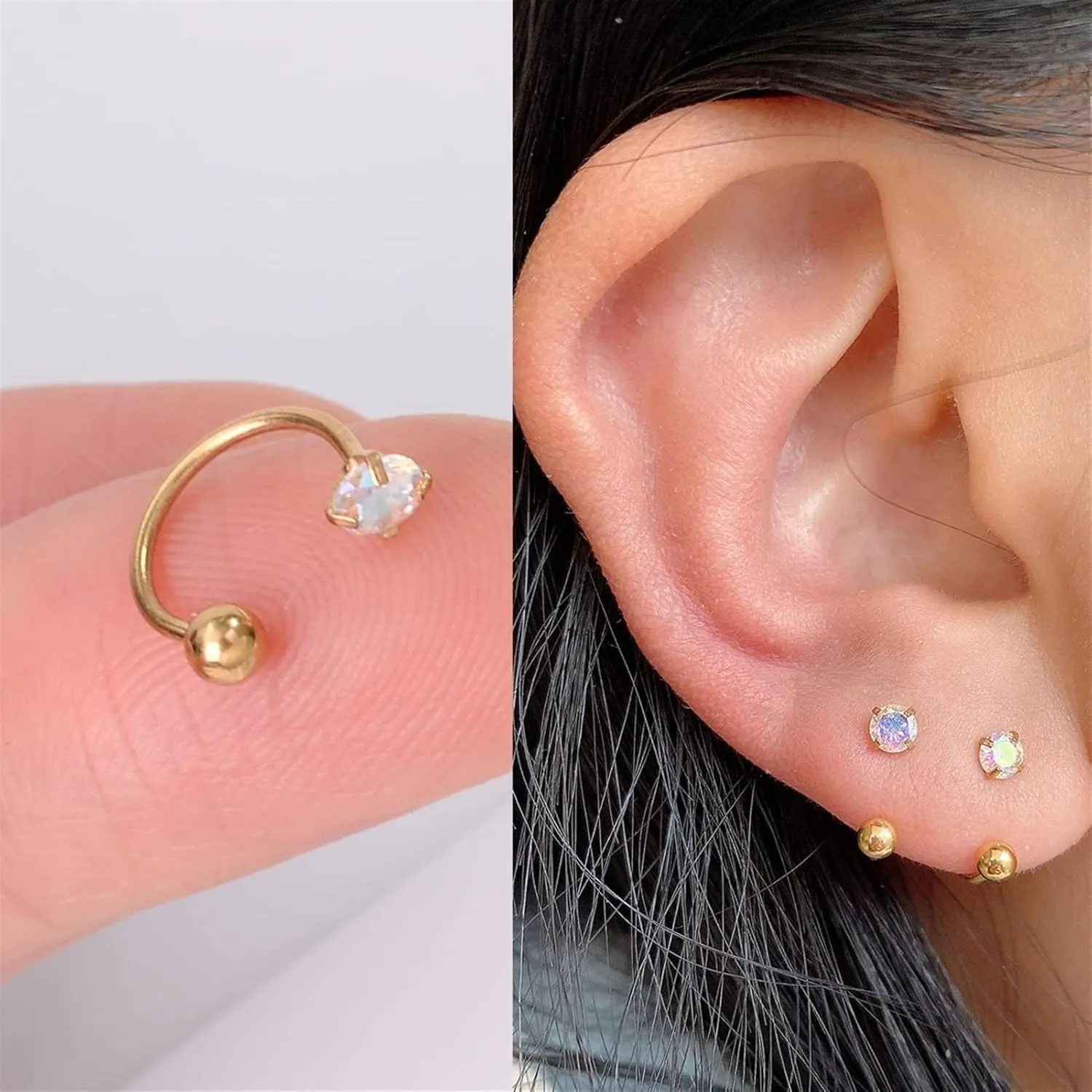 2Pcs Trendy Multiple Styles Snake Round Ball Crystal Moon Tragus Ear Piercing Stainless Steel Earrings Helix Cartilage Studs (Metal Color : 6 Silver arc)