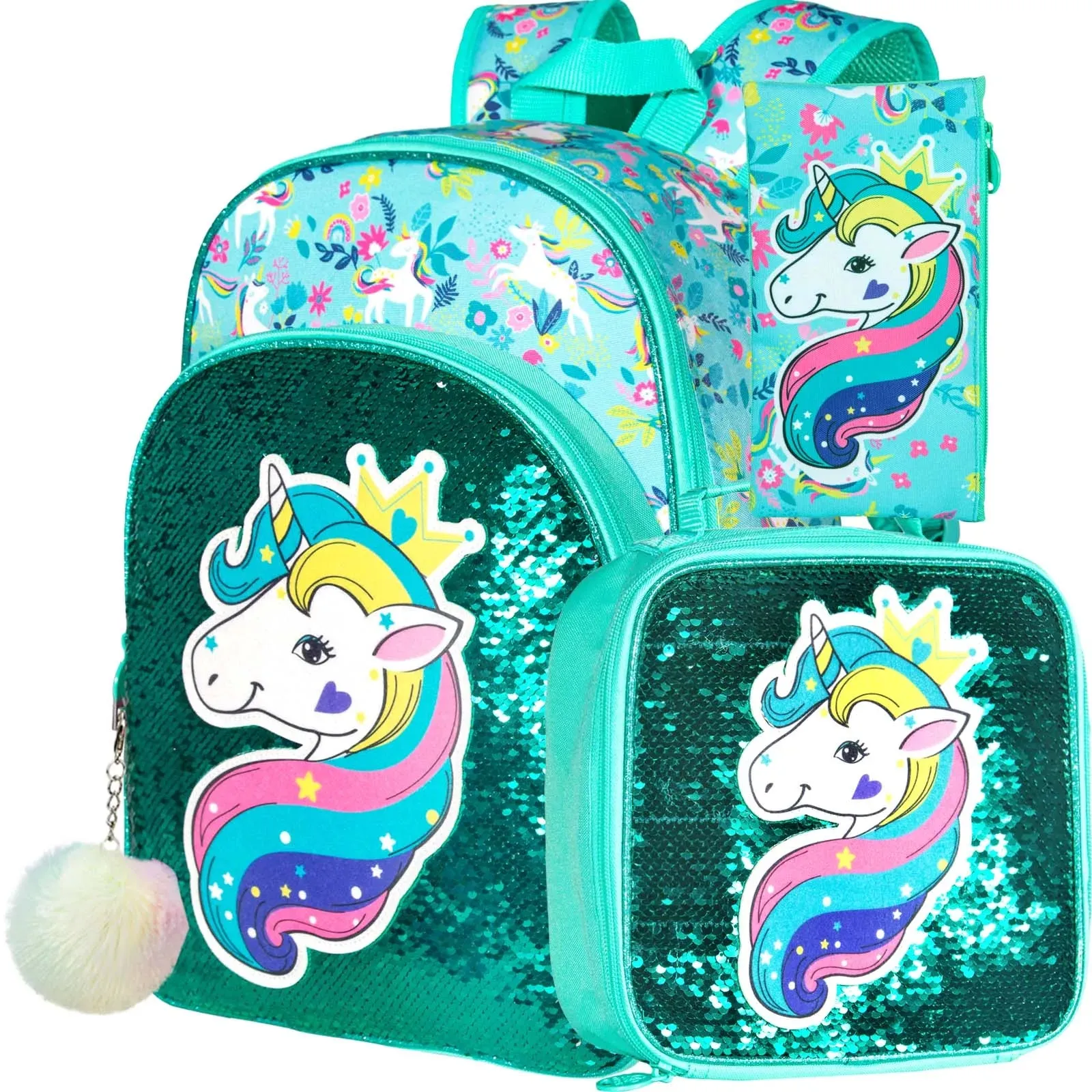 3 Piece Girls Backpack Set With Sequin Cat Design