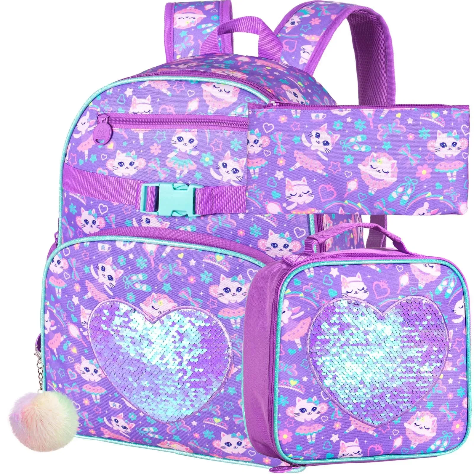 3 Piece Girls Backpack Set With Sequin Cat Design