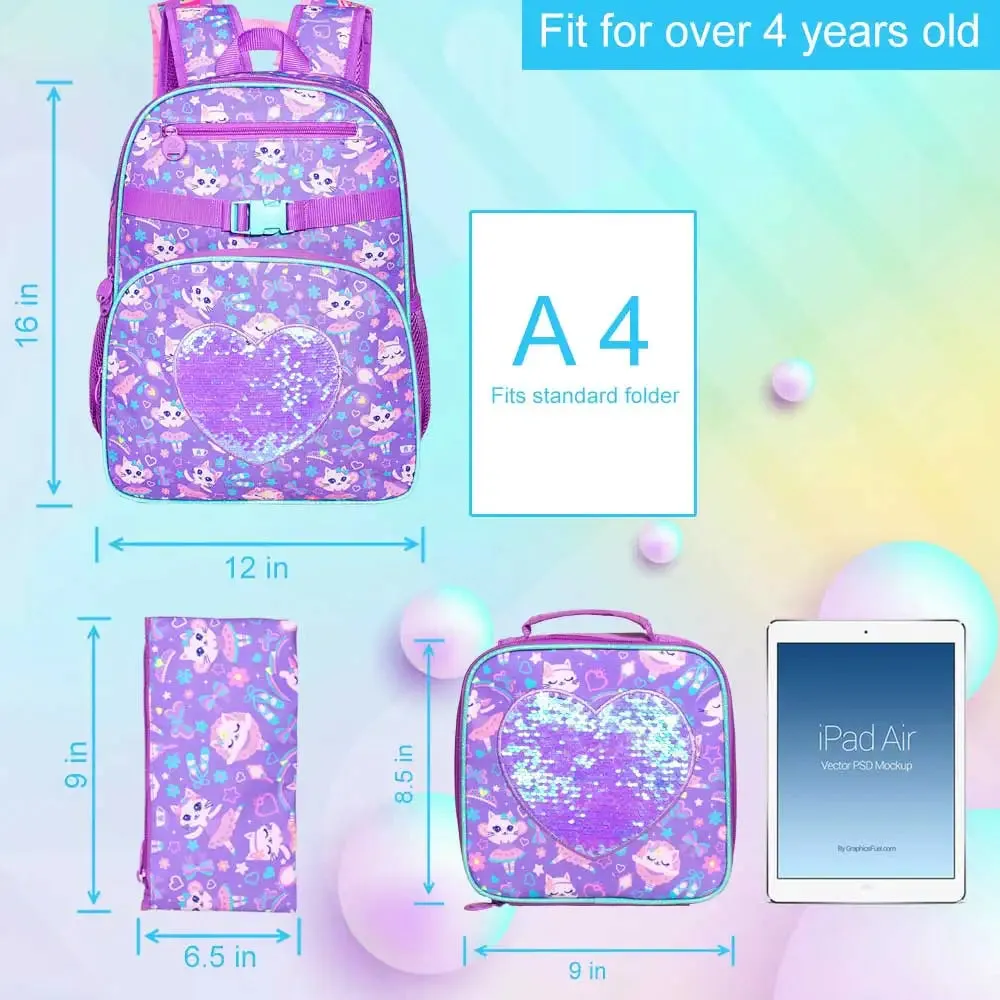 3 Piece Girls Backpack Set With Sequin Cat Design