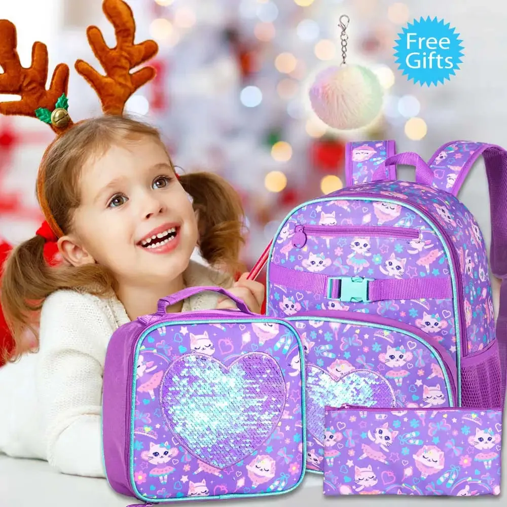 3 Piece Girls Backpack Set With Sequin Cat Design