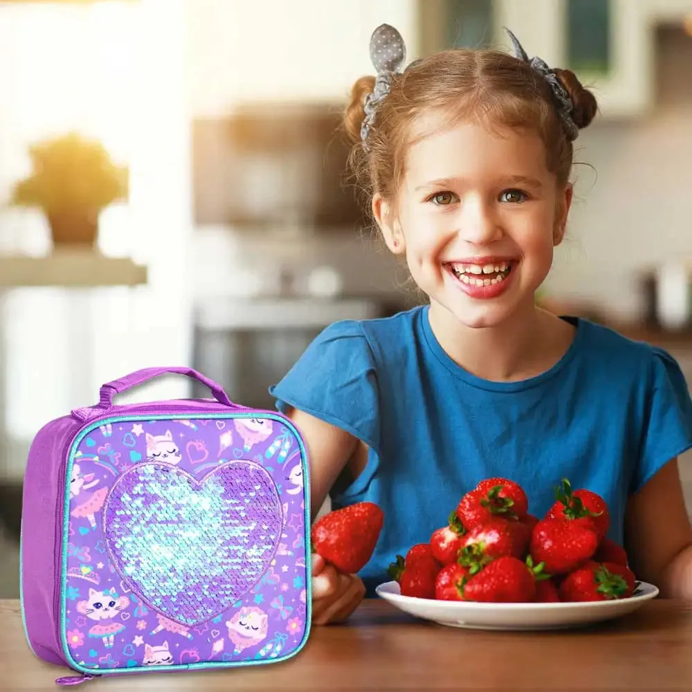 3 Piece Girls Backpack Set With Sequin Cat Design