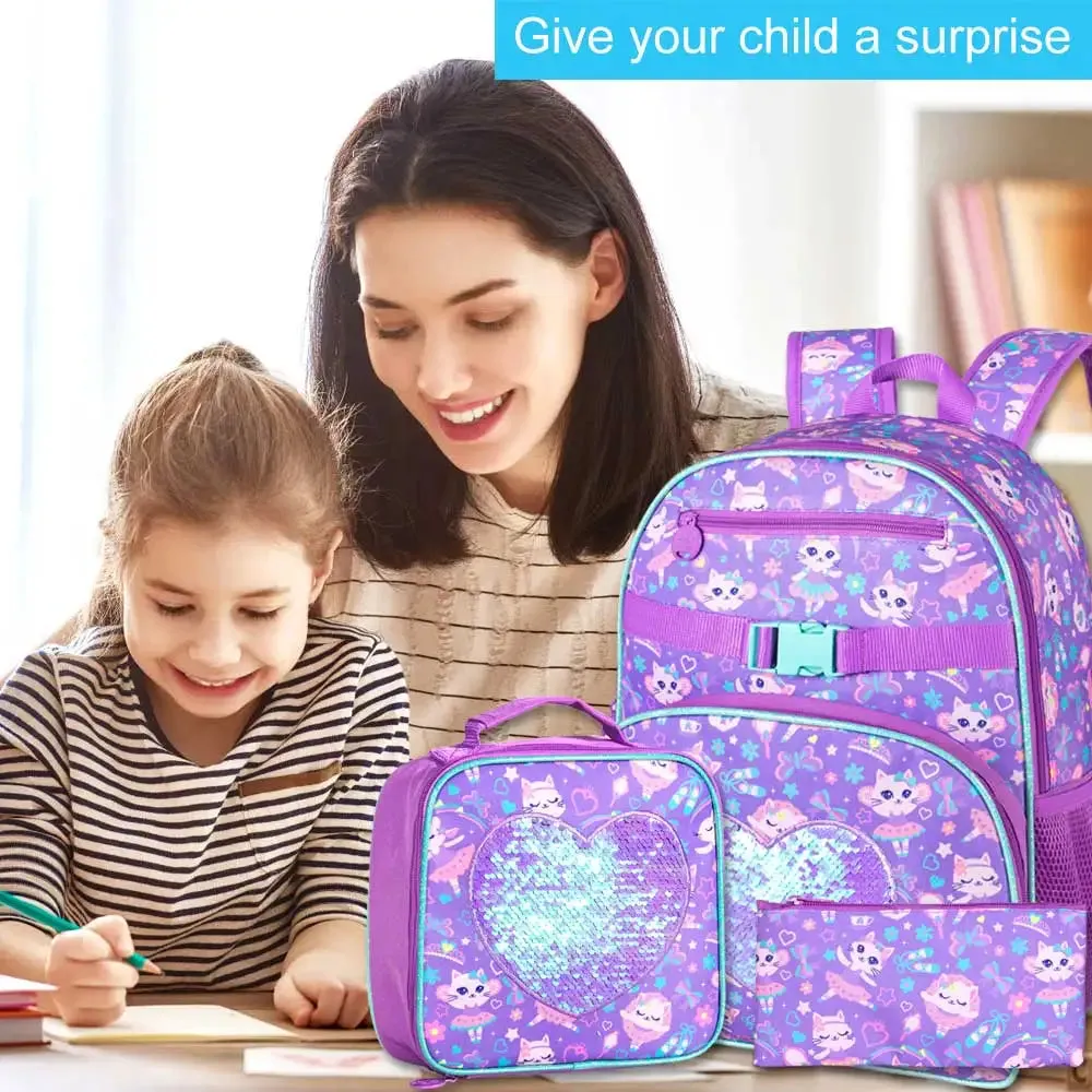 3 Piece Girls Backpack Set With Sequin Cat Design
