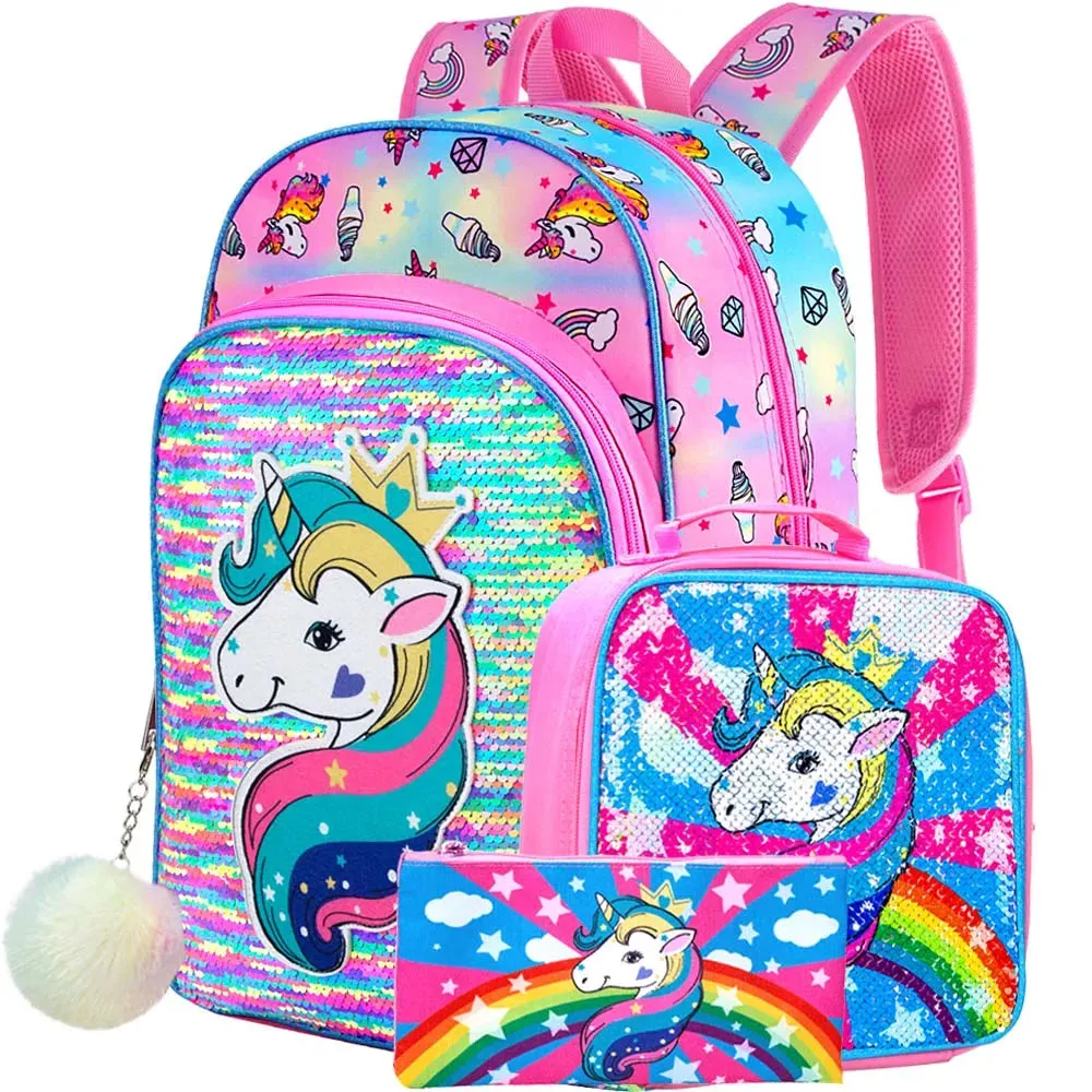 3 Piece Girls Backpack Set With Sequin Cat Design