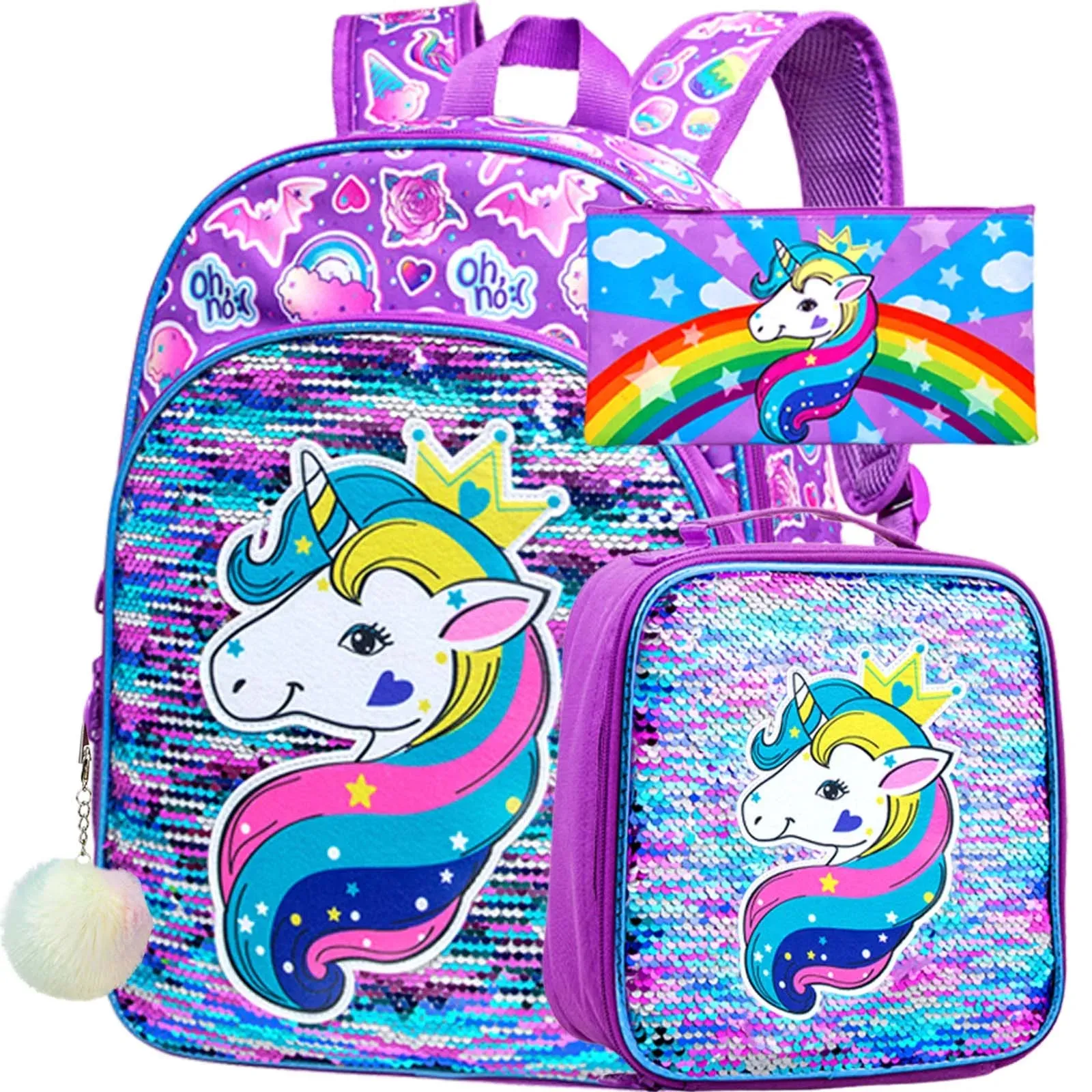 3 Piece Girls Backpack Set With Sequin Cat Design