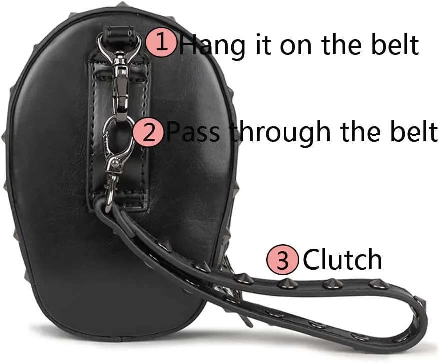 3D Skull Purse Wristlet Bag Waist Pack for Women Rivet Punk Gothic Clutch Wallet Handbag Belt Bags-Black