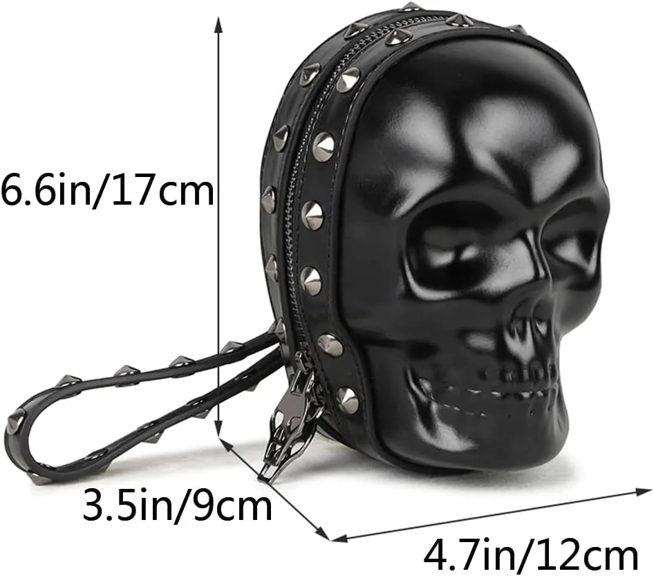 3D Skull Purse Wristlet Bag Waist Pack for Women Rivet Punk Gothic Clutch Wallet Handbag Belt Bags-Black