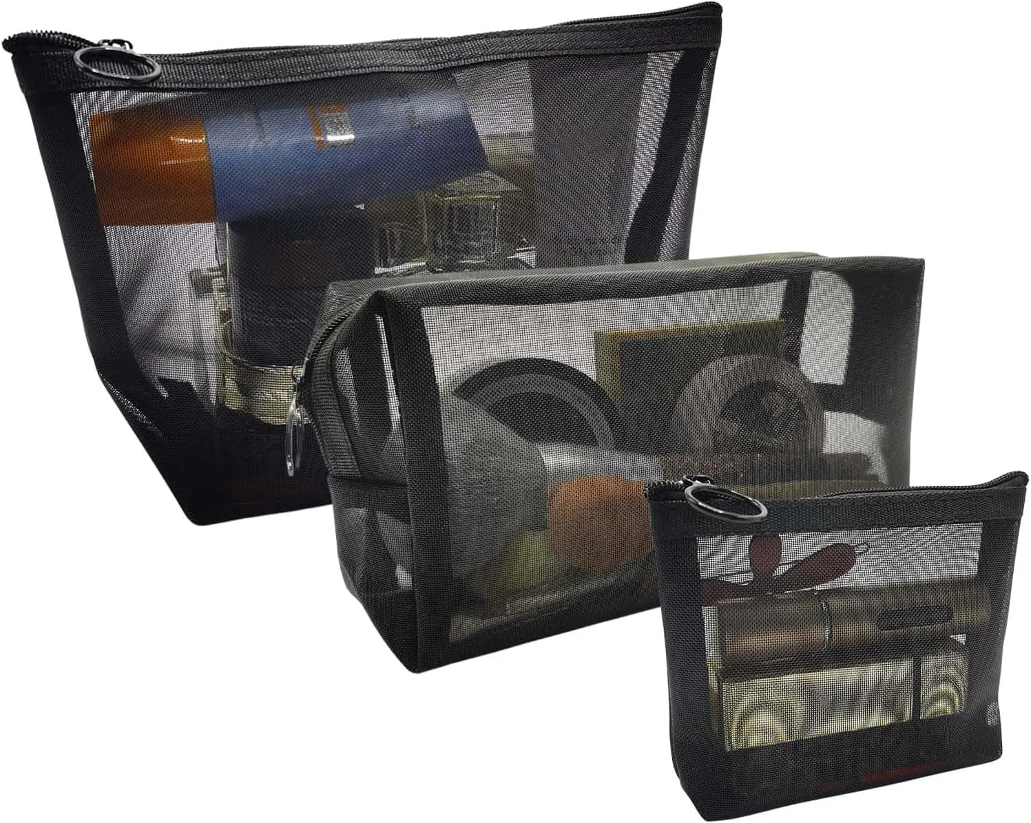 3Pcs Mesh Makeup Bag Cosmetic Bag Mesh with Zipper Pouch Bags Purse Organizer Pouches Mesh Toiletry Bag Travel Bags Small Zipper Pouch for Purse(Black)