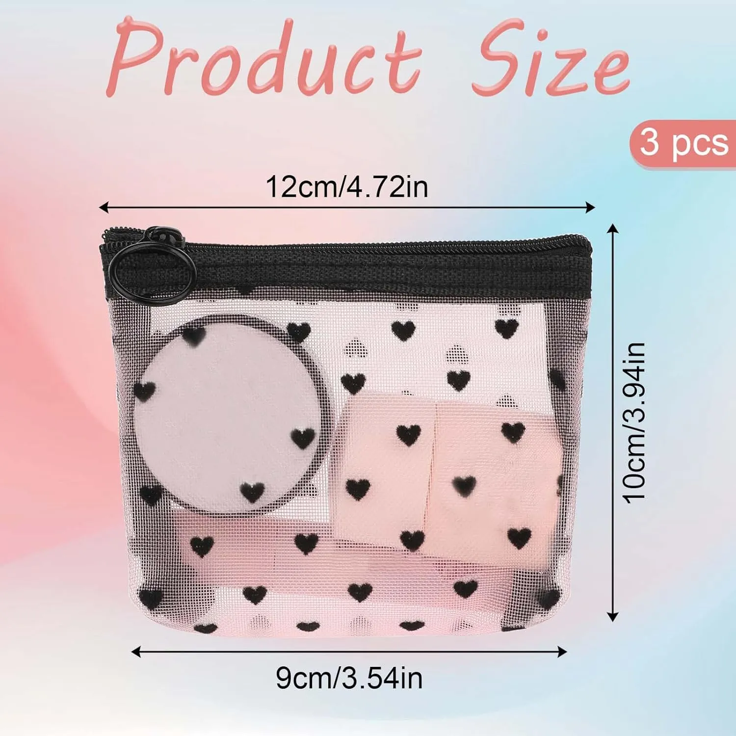 3Pcs Mini Cosmetic Bags, Heart Print Mesh Zipper Bags, Lipstick Accessories Organizer, Makeup Bag for Women, Small Purse Bag, 3 Colors