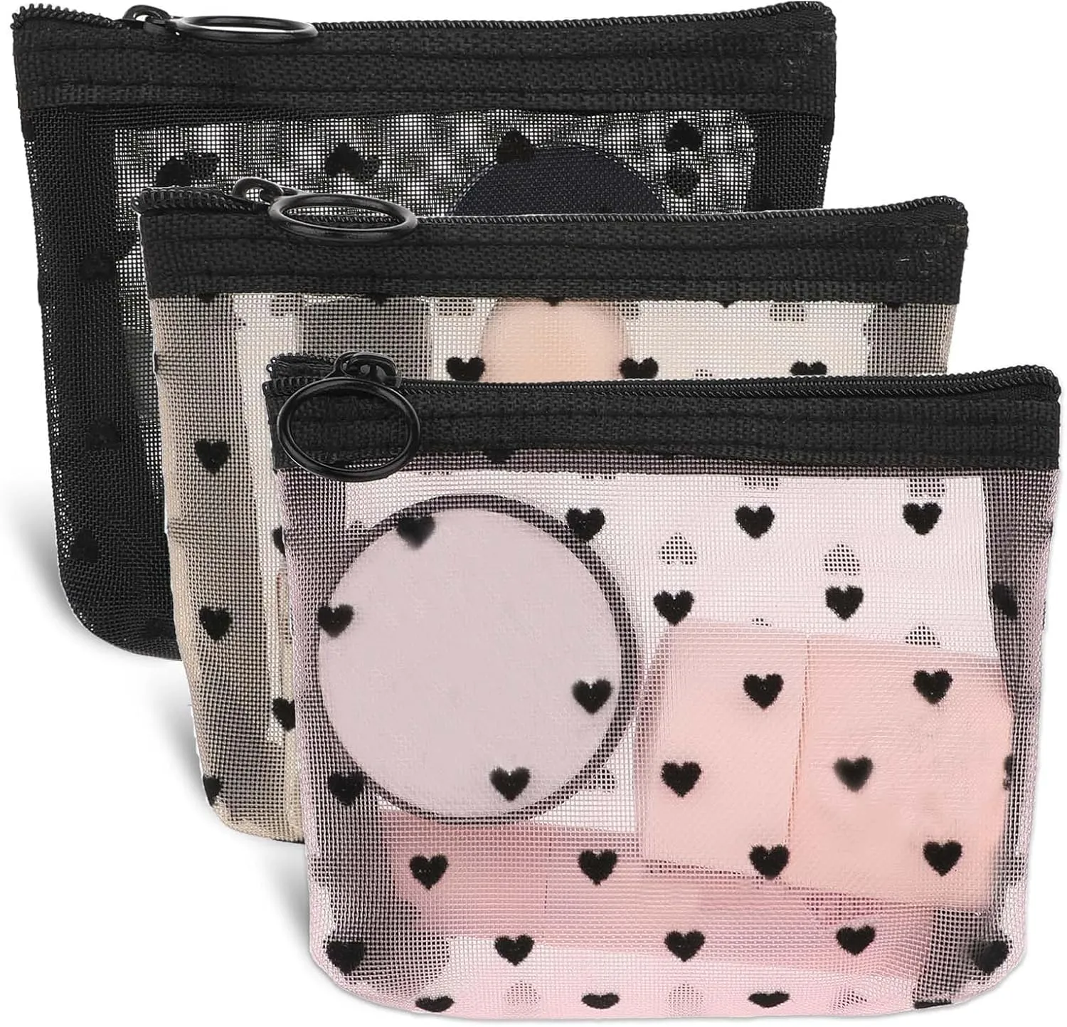 3Pcs Mini Cosmetic Bags, Heart Print Mesh Zipper Bags, Lipstick Accessories Organizer, Makeup Bag for Women, Small Purse Bag, 3 Colors