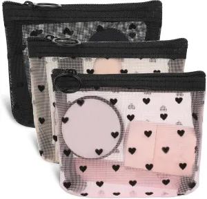 3Pcs Mini Cosmetic Bags, Heart Print Mesh Zipper Bags, Lipstick Accessories Organizer, Makeup Bag for Women, Small Purse Bag, 3 Colors