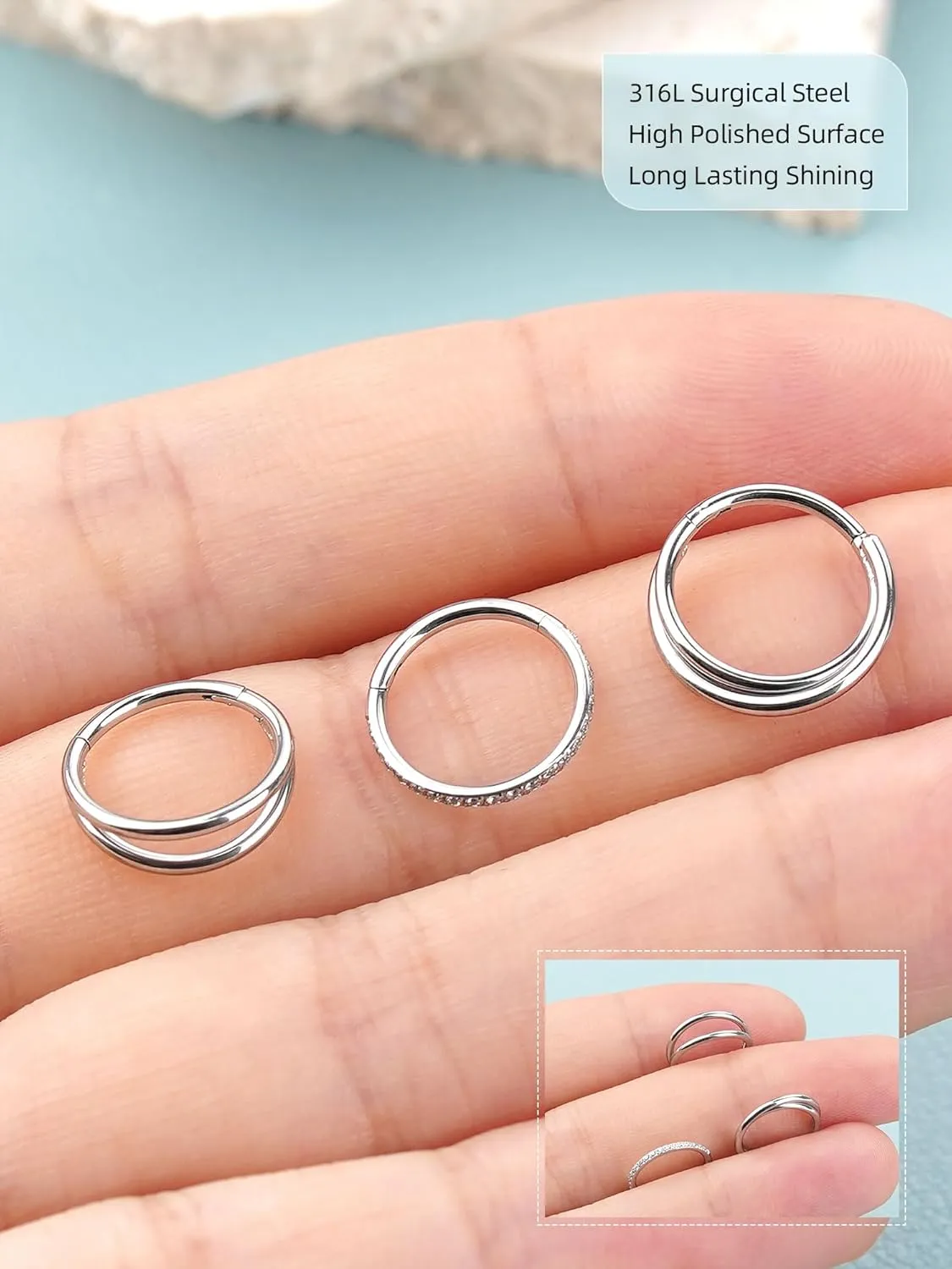 3PCS Nose Rings Hoops 316L Surgical Steel Double Hoop Nose Rings Hinged Septum Ring Cartilage Helix Rook Tragus Daith Earring Hoops 7mm 8mm 9mm
