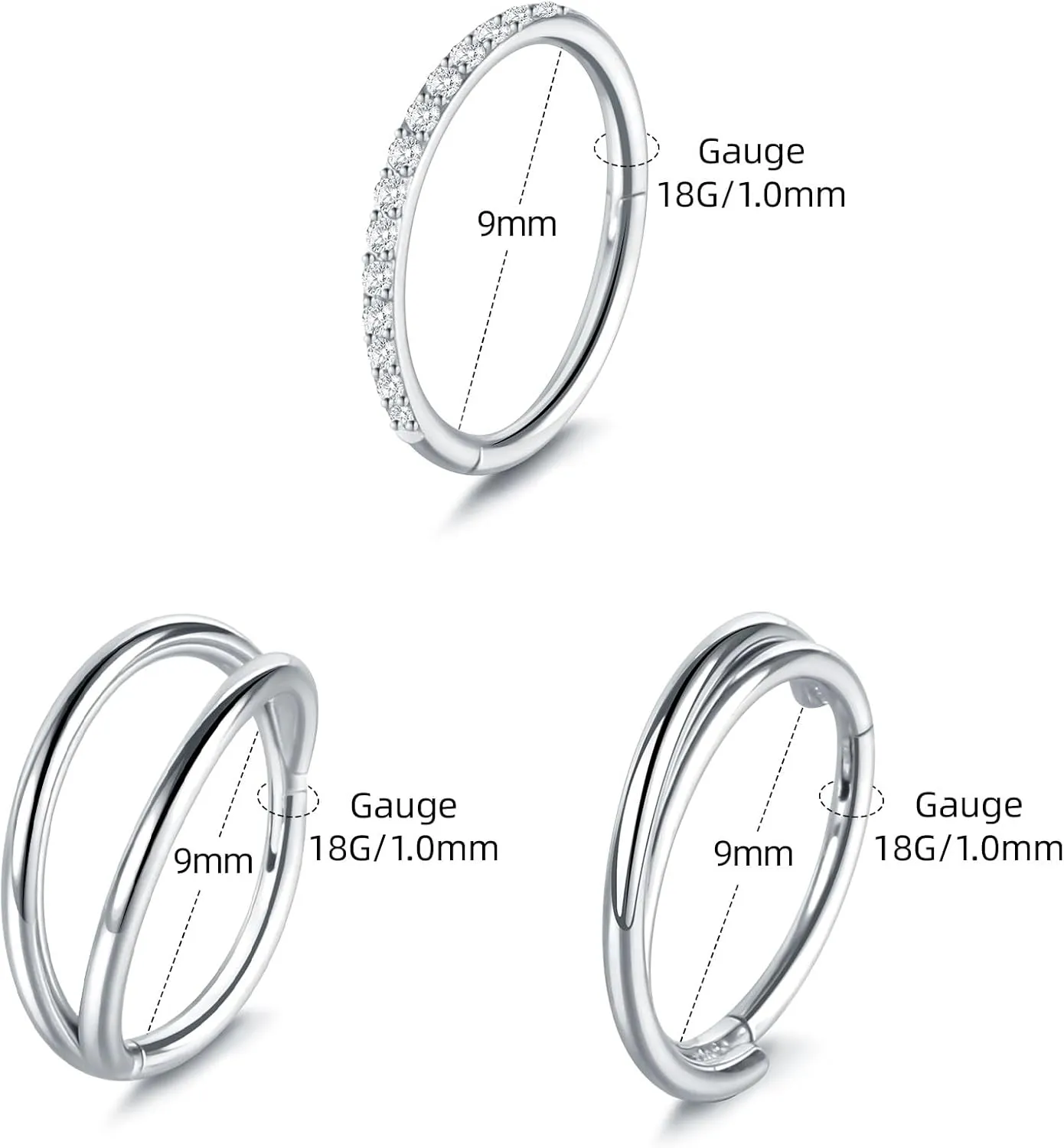 3PCS Nose Rings Hoops 316L Surgical Steel Double Hoop Nose Rings Hinged Septum Ring Cartilage Helix Rook Tragus Daith Earring Hoops 7mm 8mm 9mm