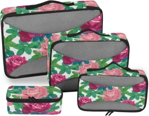 4 Pcs Travel Packing Cubes for Suitcases Red Pink Roses Green Leaves Travel Packing Cubes Visible Luggage Cubes Organizers Suitcase Organizer Bags Set