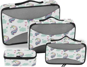 4 Pcs Travel Packing Cubes for Suitcases Unicorn Animals Green Travel Packing Cubes Visible Luggage Cubes Organizers Suitcase Organizer Bags Set