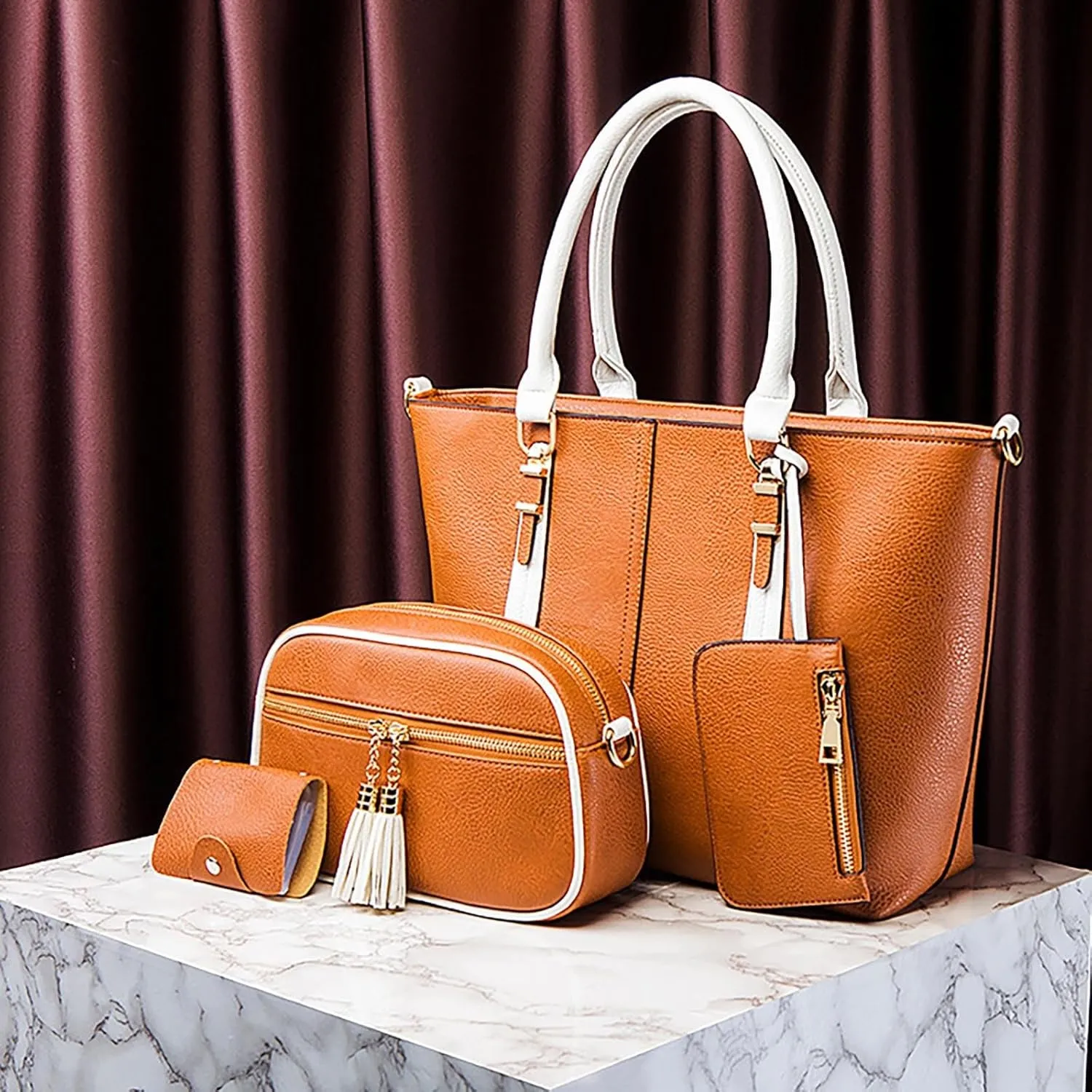 4Pcs Women Fashion Handbags Soft Faux Leather Handbag Trendy Top Handle Satchel Purse Set Casual Crossbody Bags