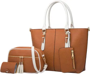 4Pcs Women Fashion Handbags Soft Faux Leather Handbag Trendy Top Handle Satchel Purse Set Casual Crossbody Bags