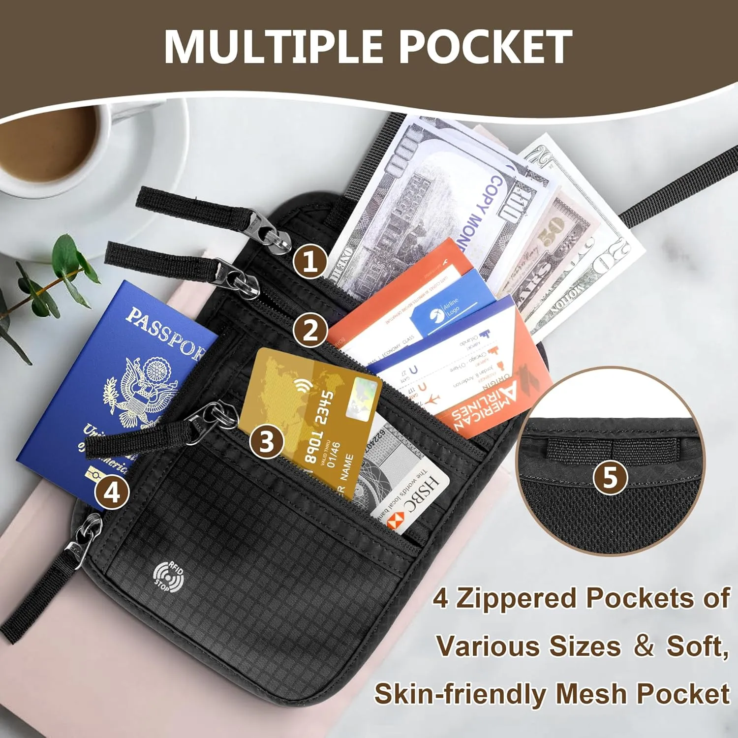 5.5" L x 7.8" W Travel Neck Wallet, RFID Blocking Passport Holder for Travel Women Men, Security Lightweight Passport Travel Wallet, Neck Pouch Gifts for Traveling Family (Grey)