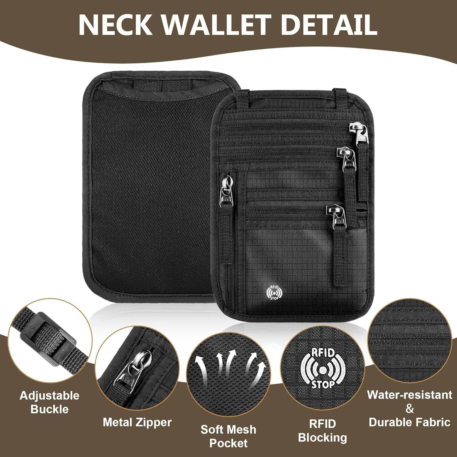 5.5" L x 7.8" W Travel Neck Wallet, RFID Blocking Passport Holder for Travel Women Men, Security Lightweight Passport Travel Wallet, Neck Pouch Gifts for Traveling Family (Grey)