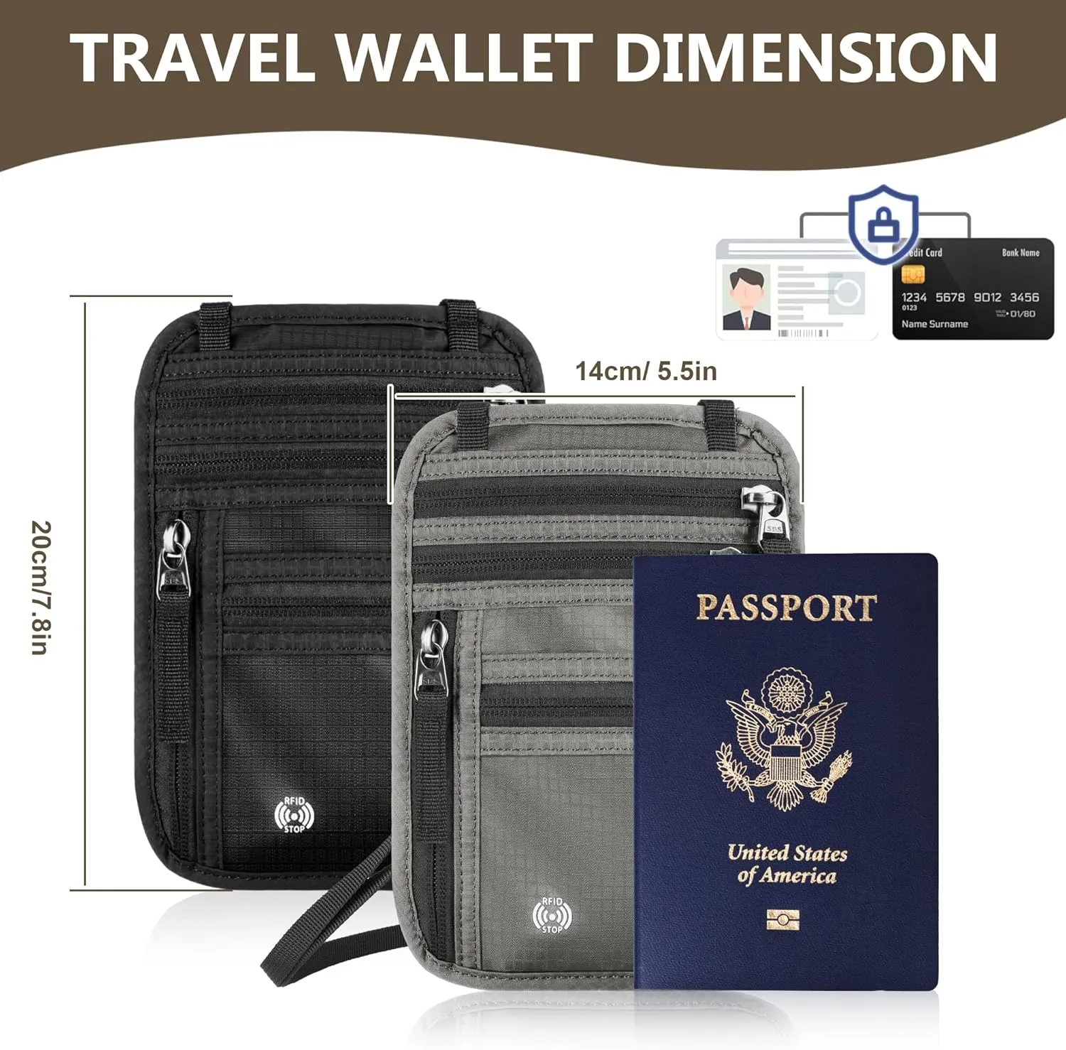 5.5" L x 7.8" W Travel Neck Wallet, RFID Blocking Passport Holder for Travel Women Men, Security Lightweight Passport Travel Wallet, Neck Pouch Gifts for Traveling Family (Grey)