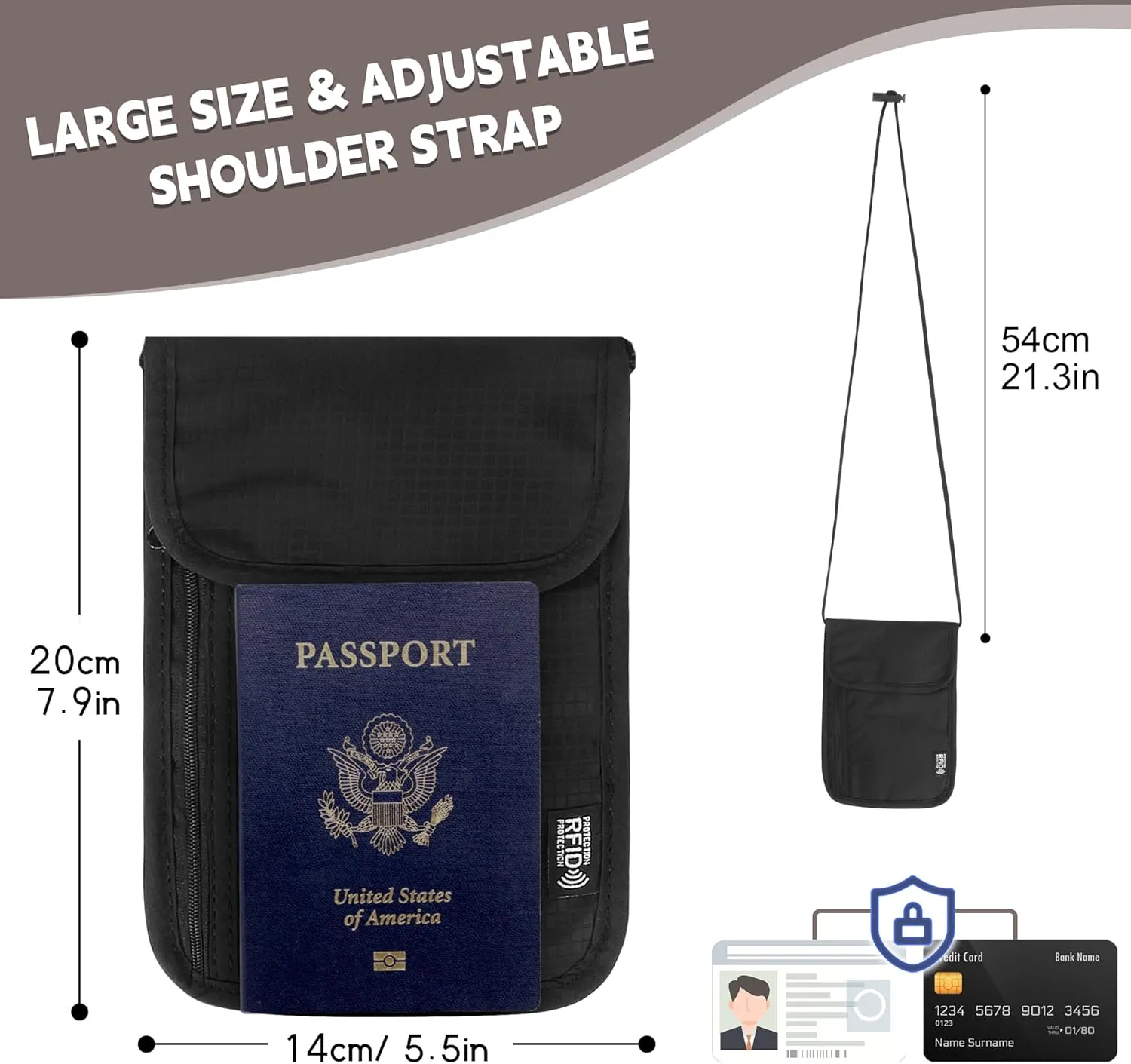 5.5" L x 7.9" W Travel Neck Wallet, RFID Blocking Passport Holder, Security Lightweight Passport Travel Wallet, Neck Pouch Gifts for Women Men(Black)